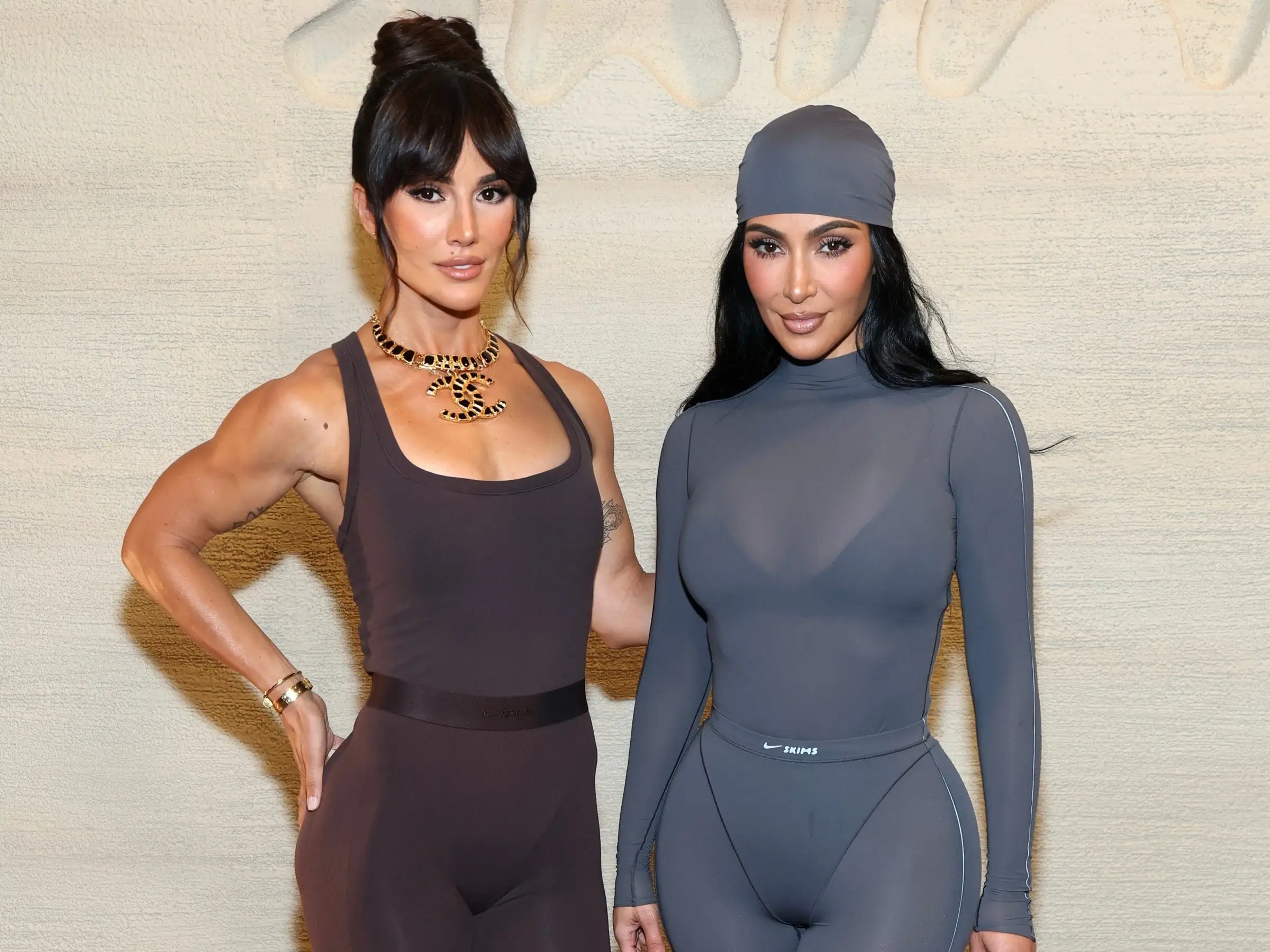 Personal trainer Senada Greca in athletewear with celebrity client Kim Kardashian.