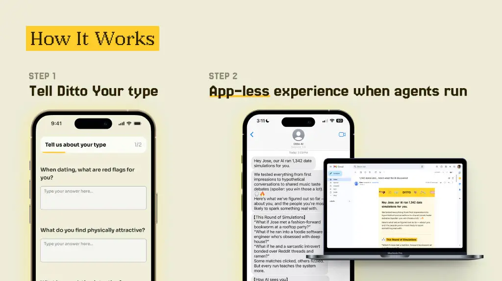 Tell Ditto Your type
(On phone UI:)
Tell us about your type 1/2
When dating, what are red flags for you?
Type your answer here…