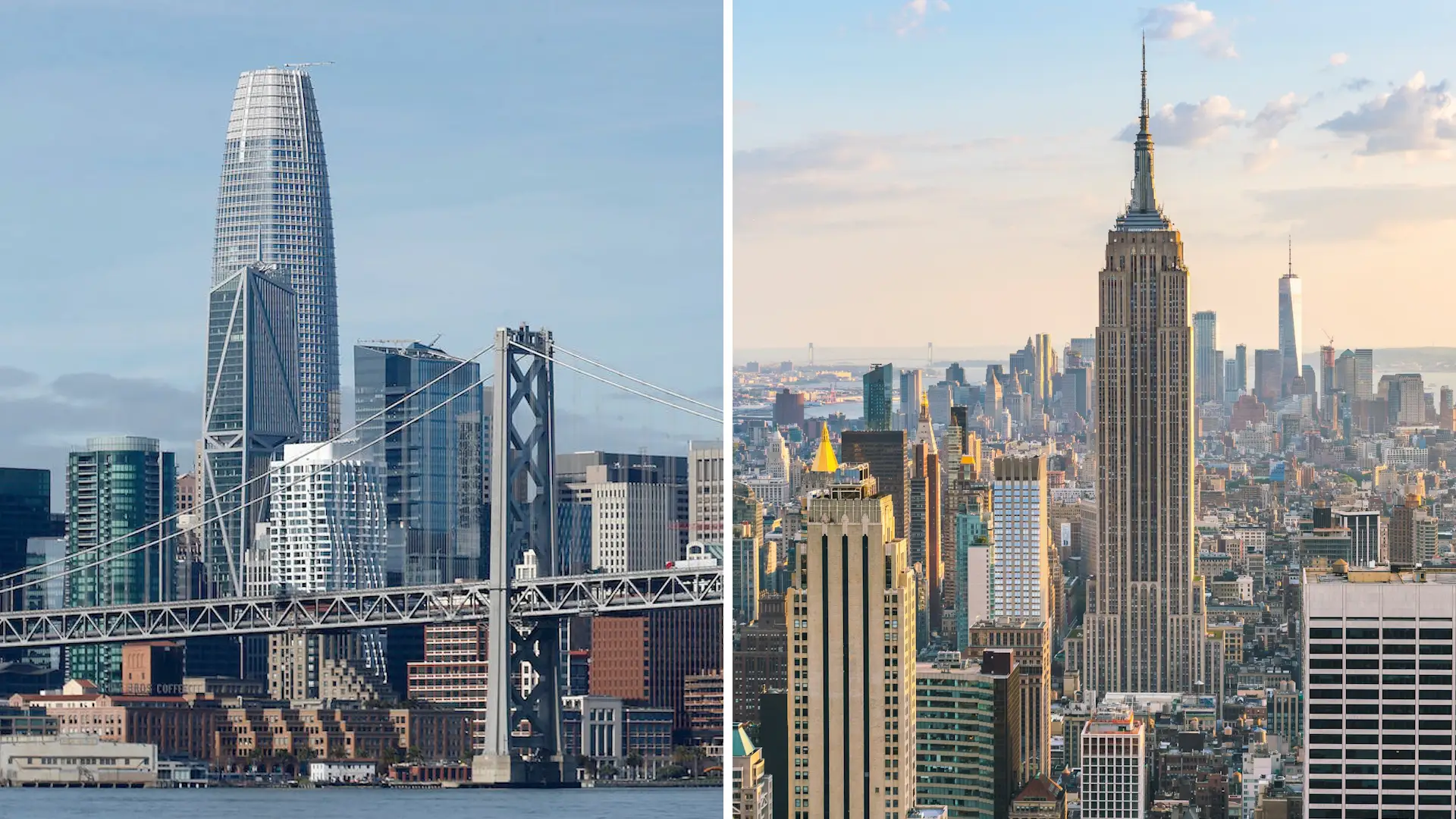 San Francisco and New York City skyline views.