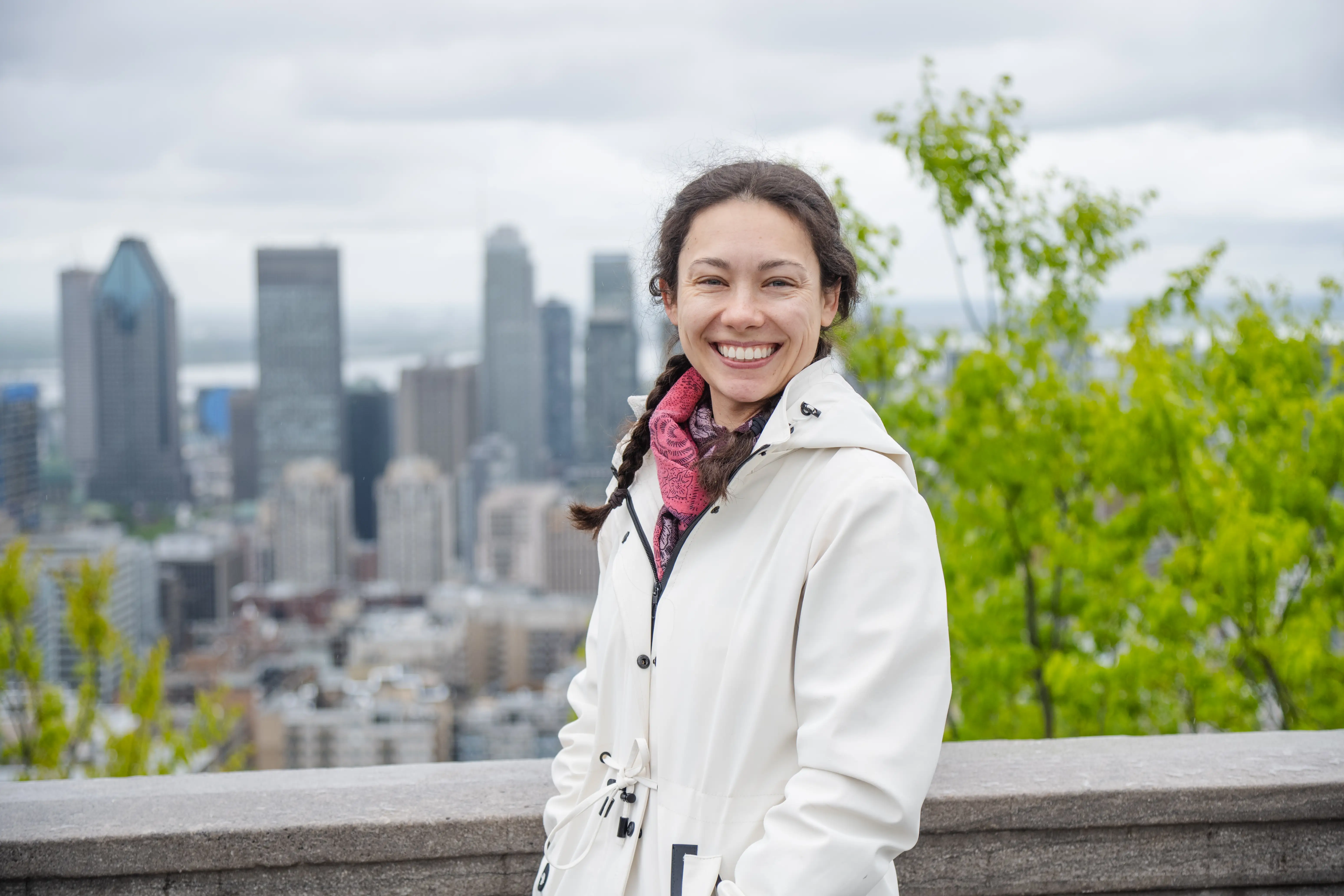 Woman smiling at  Mont Royal viewpoint -