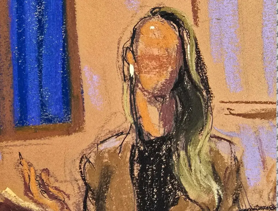 A courtroom sketch showing rape accuser Katie Moore, a pseudonym, on the witness stand at the Alexander brothers sex trafficking trial.