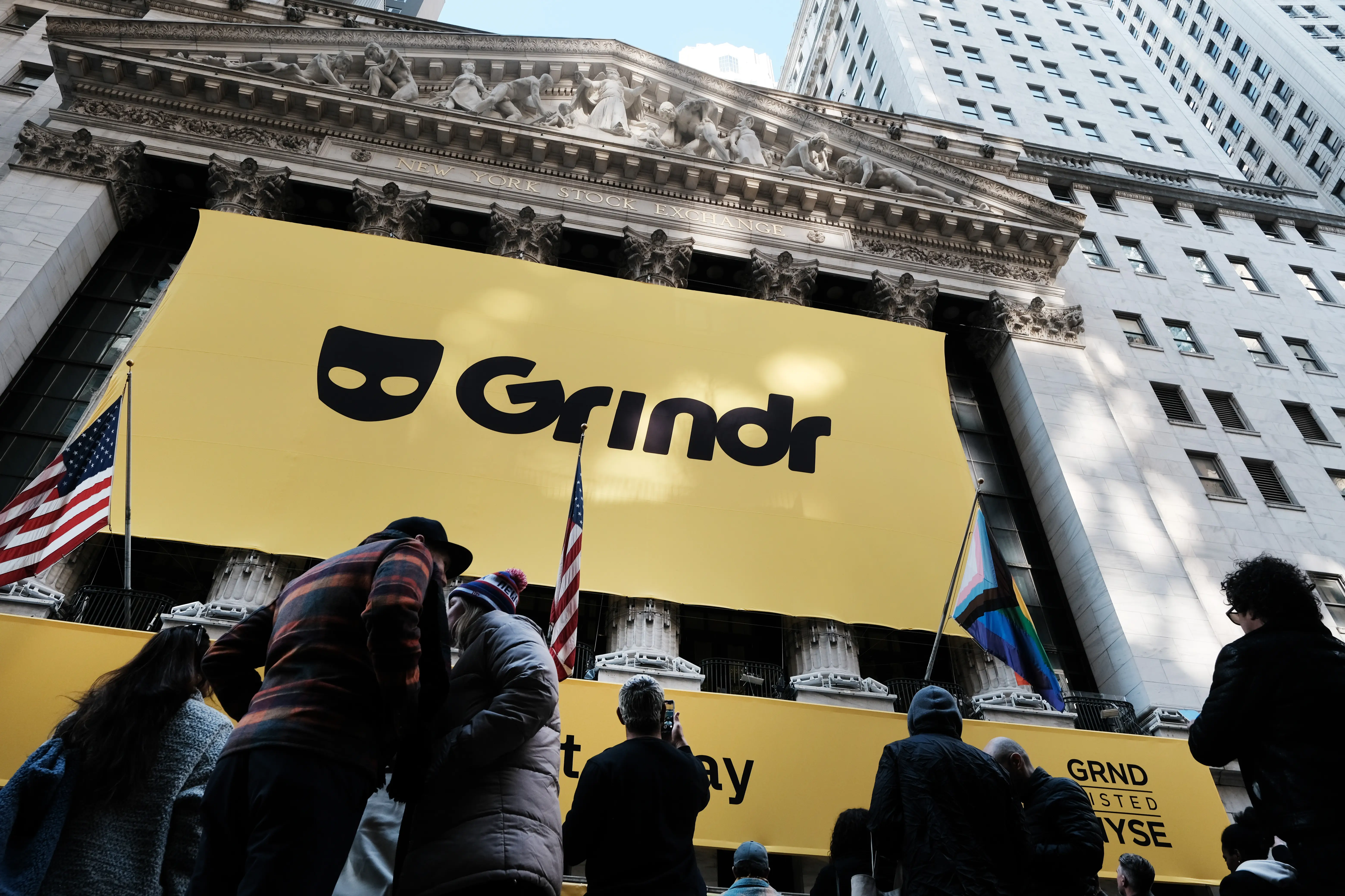 Grindr's IPO day is pictured at the New York Stock Exchange.