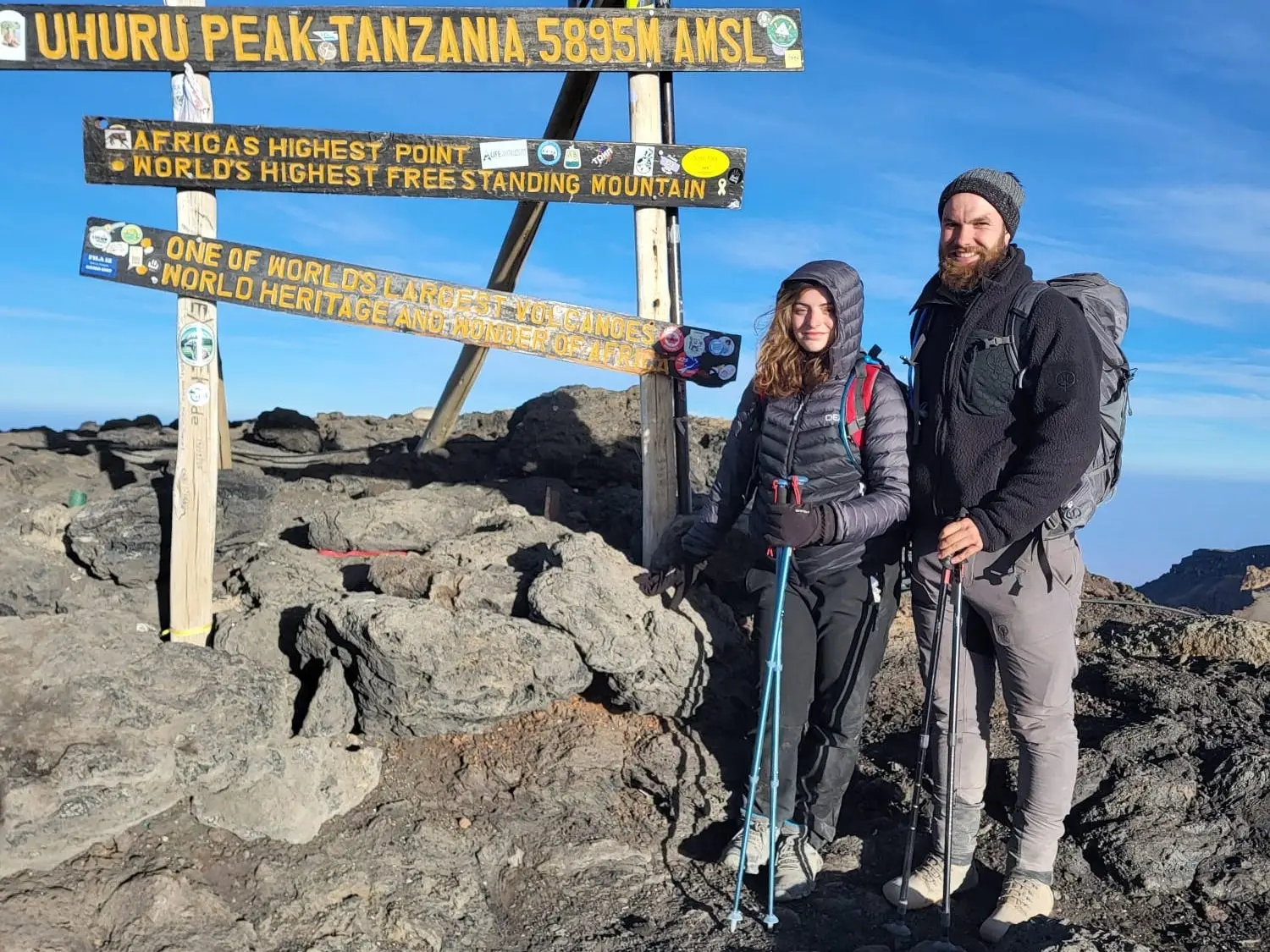 Man and woman at Kilimanjaro summit)