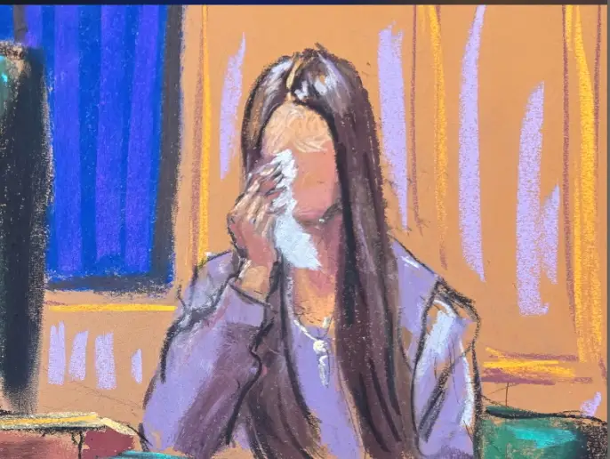 A courtroom sketch of the third rape accuser of the Alexander brothers sex trafficking trial, who testified under the pseudonym Amelia Rosen.