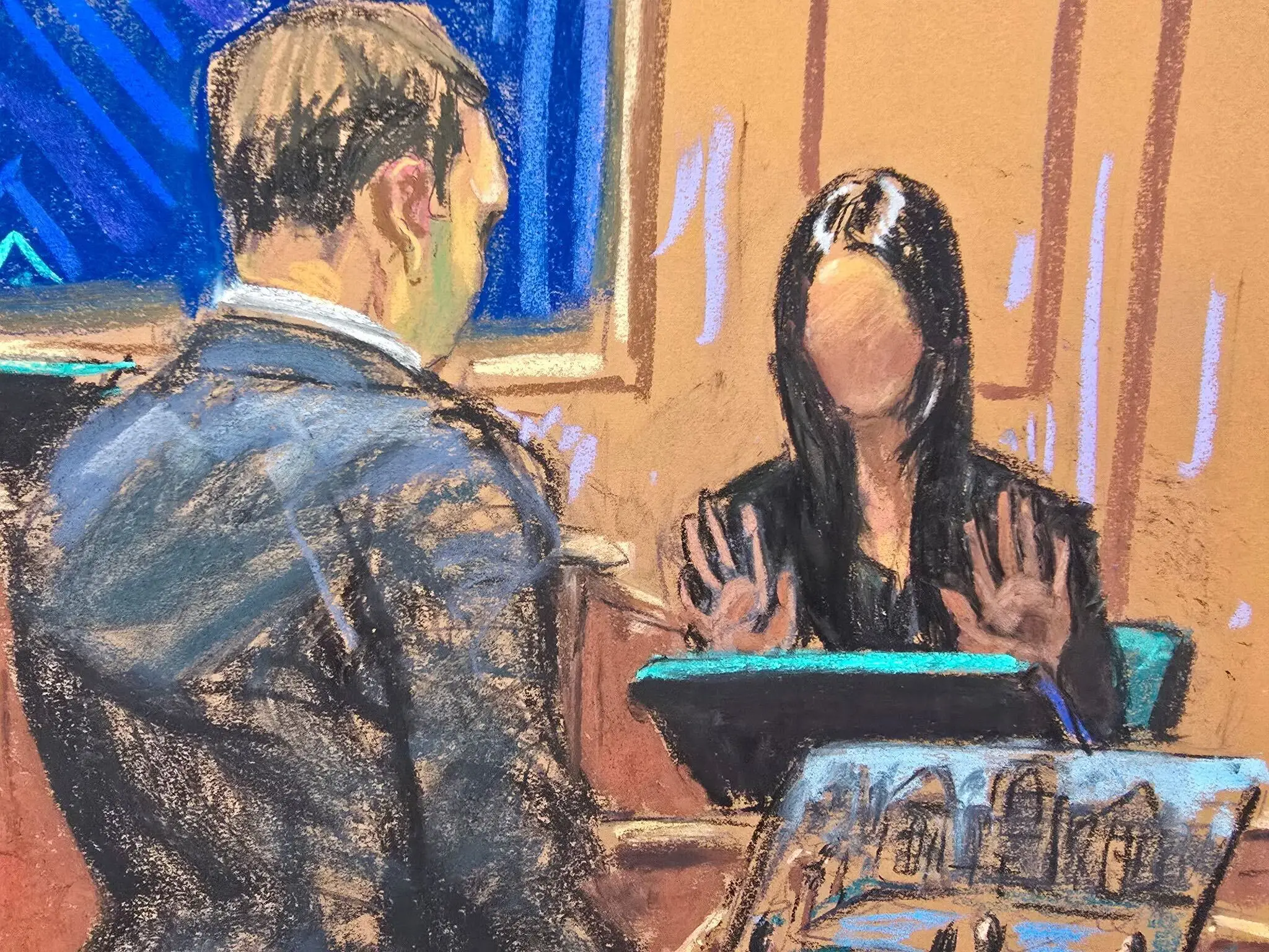 A courtroom sketch showing prosecutor Andrew Jones questioning the fourth rape accuser in the Alexander brothers trial, who testified under the pseudonym Bella Koval.