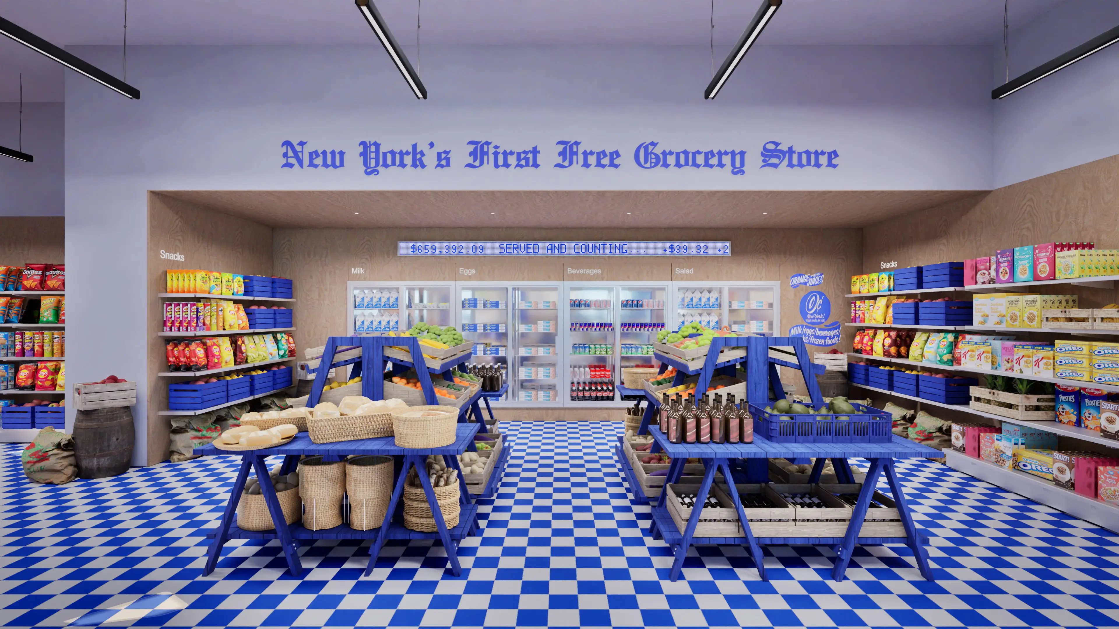 A rendering of what Polymarket says will be a free grocery pop-up in New York.
