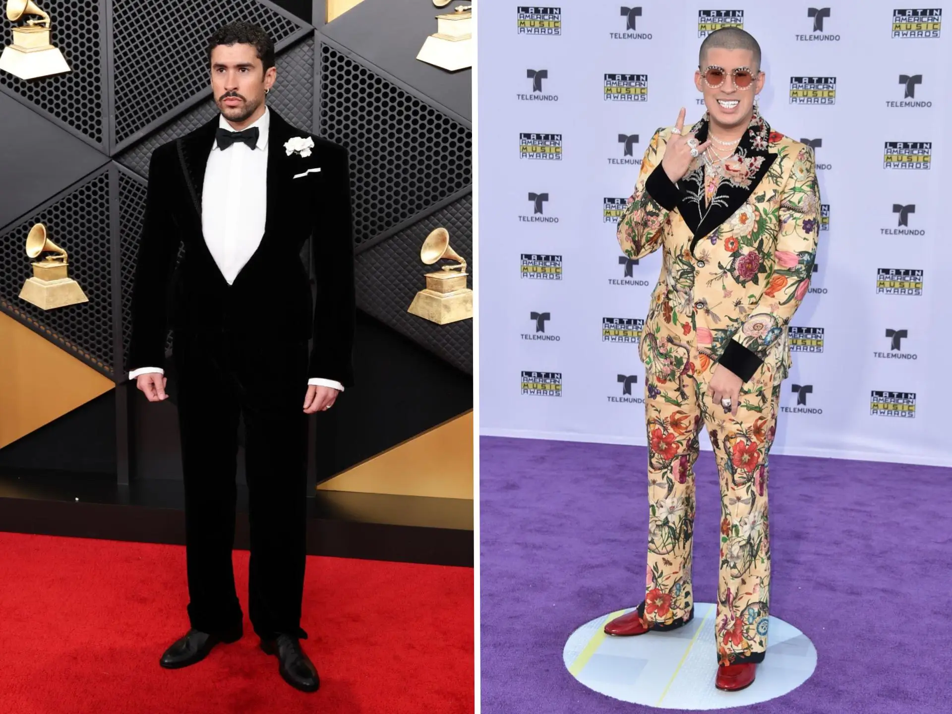 Split image of Bad Bunny at the 2026 Grammys red carpet and Bad Bunny bat the 2017 Latin American Music Awards red carpet