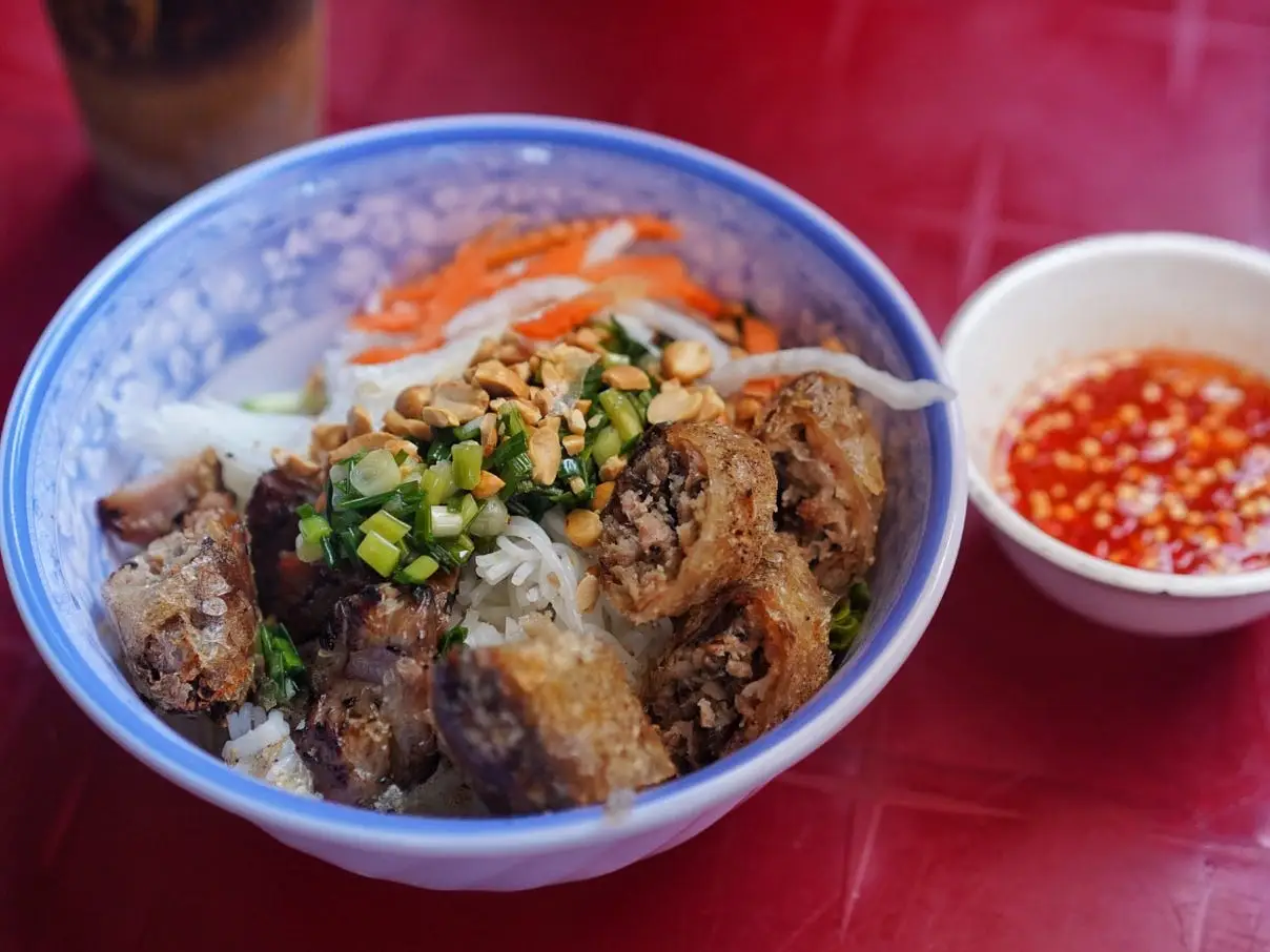 Bowl of Bun Thit Nuong in Hanoi, Vietnam.