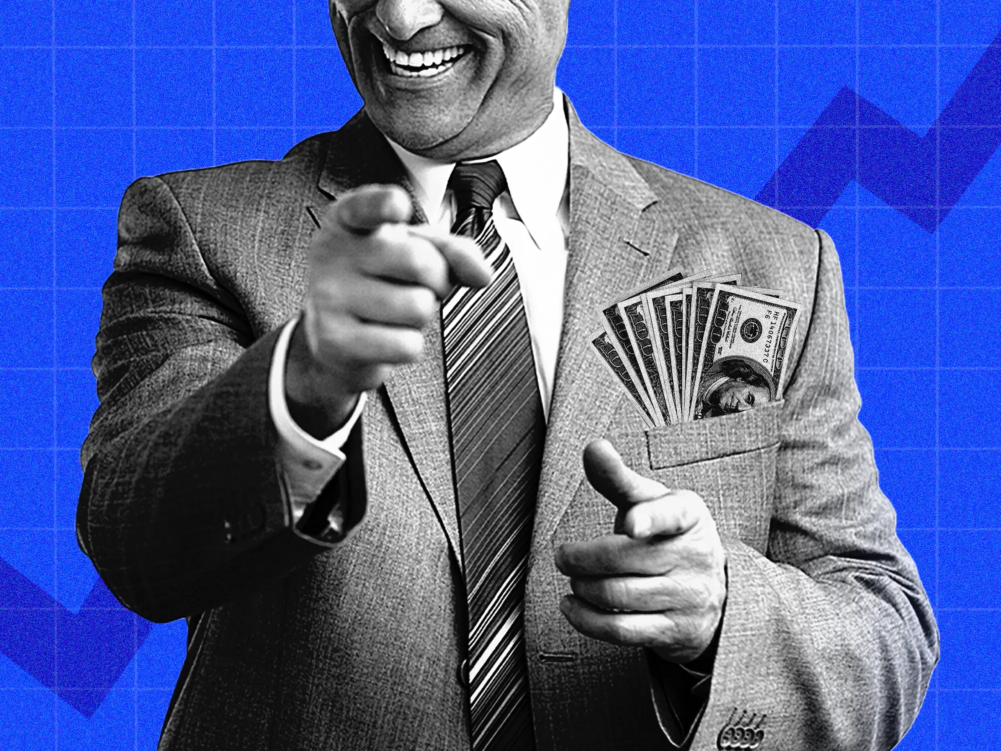 Businessman grinning and pointing with money in his breast pocket.