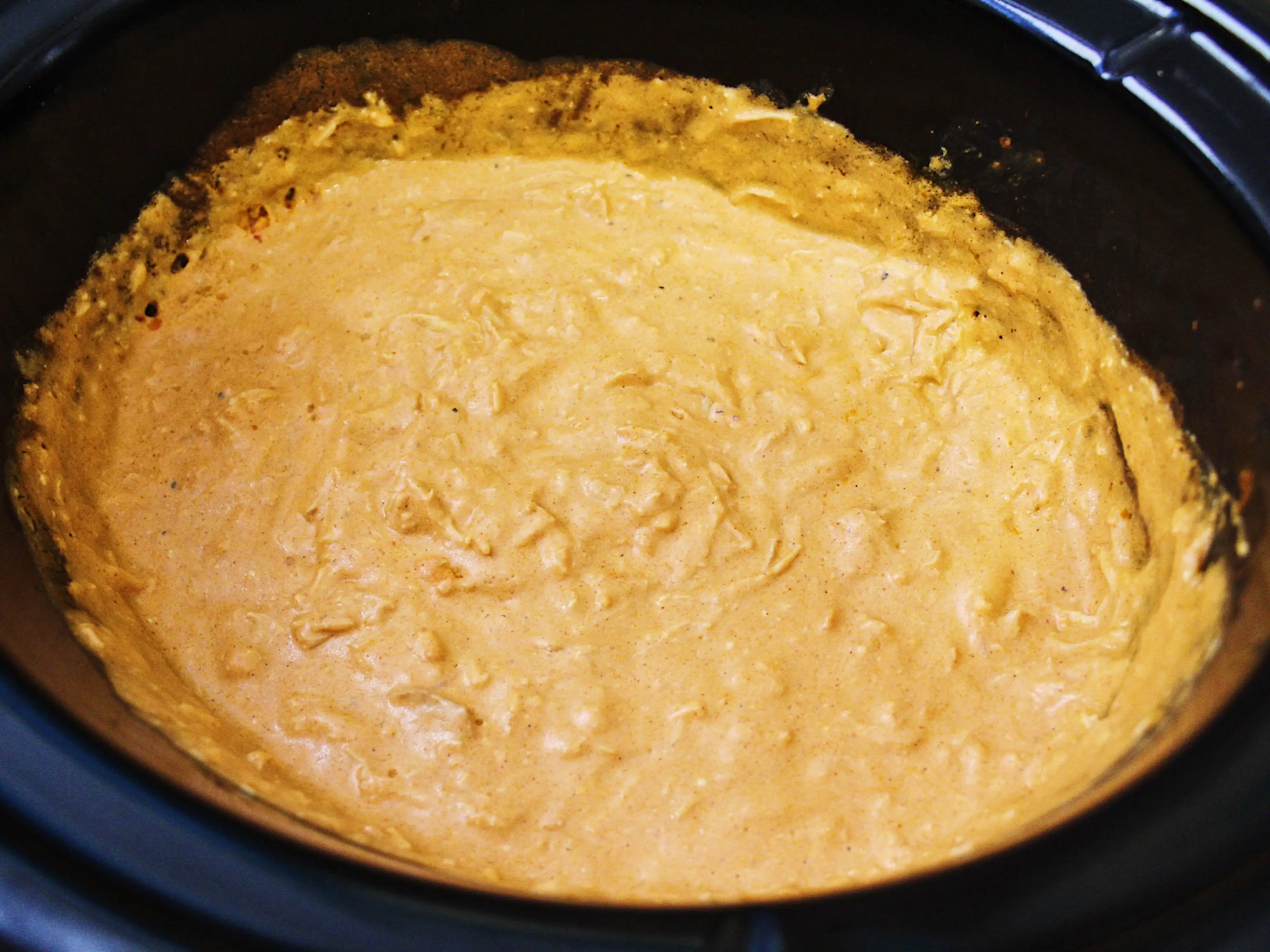 finished buffalo chicken dip in slow cooker