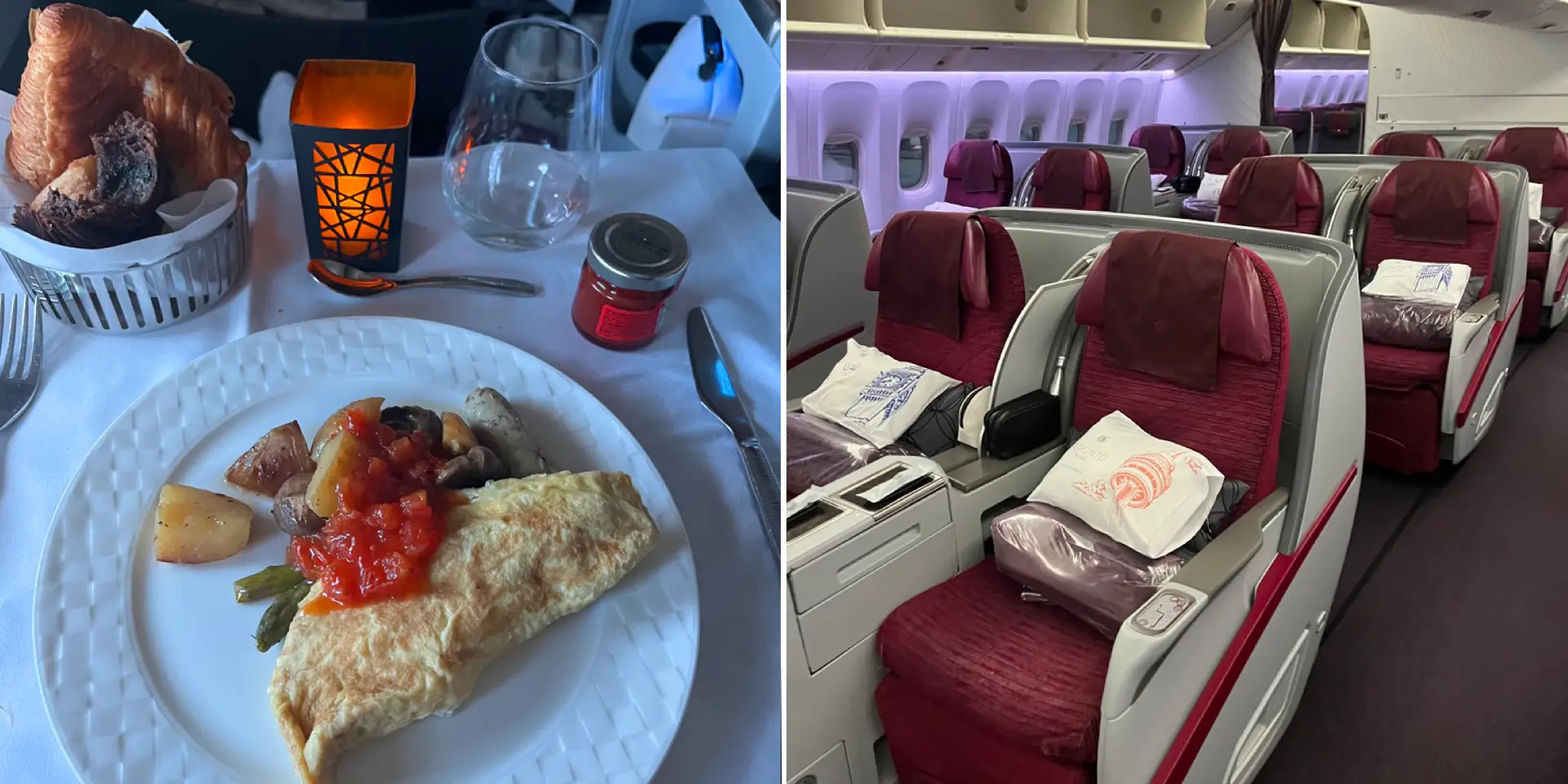 Side by side composite of omelet and breakfast meal on tablecloth on Qatar Airways flight next to image of business class section on Qatar Airways flight