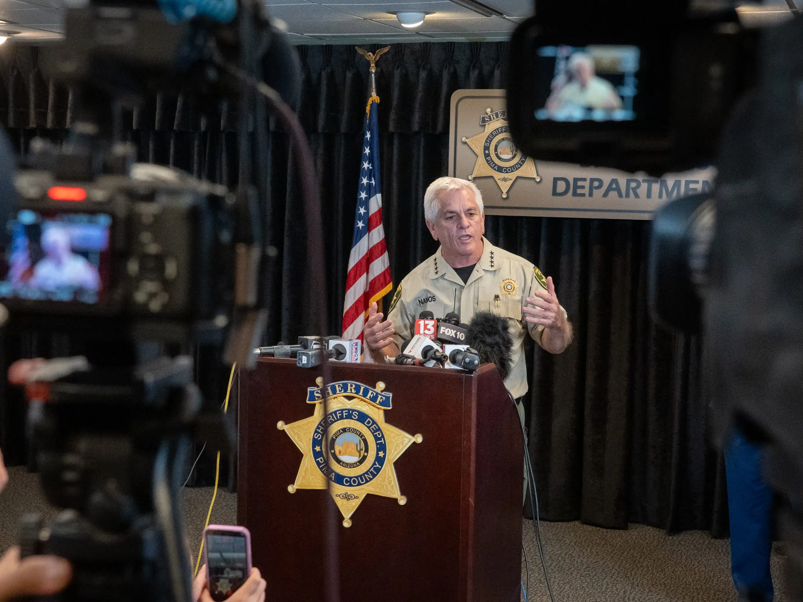Pima County Sheriff, Chris Nanos, speaks to the media on February 3, 2026 in Tucson, Arizona. He was answering questions about the search for Nancy Guthrie, the missing mother of NBC host Savannah Guthrie.