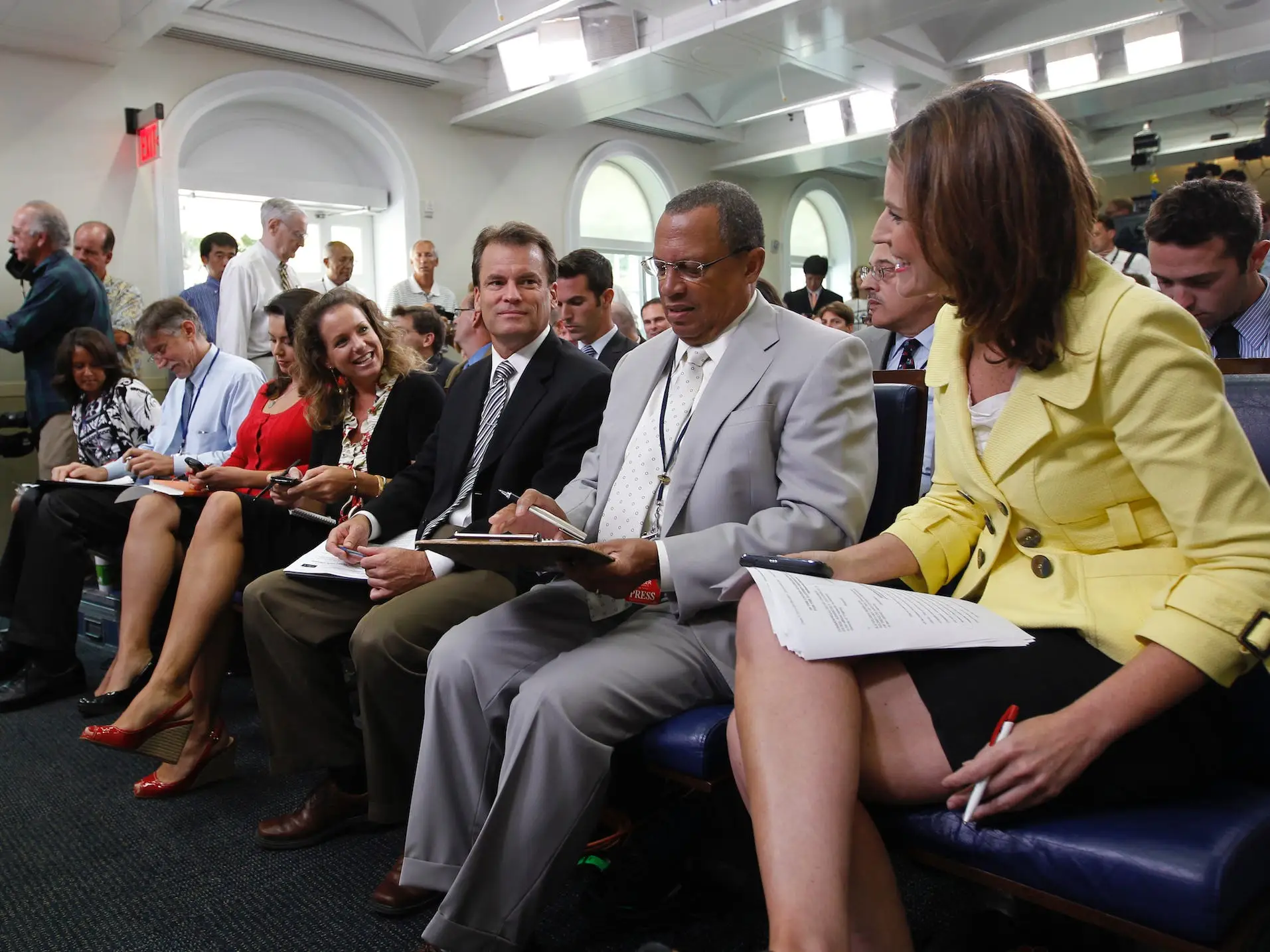 Associated Press White House Correspondent Jennifer Loven, in the center seat, and others, prior to the start of the daily press briefing in the James Brady Press Briefing Room of the White House in Washington, Tuesday, Aug., 3, 2010. Front row, from left are, CNN's Suzanne Malveaux, Reuters Correspondent Matt Spetalnick, ABC's Yunji de Nies, Loven, CBS's Chip Reid, FOX's Wendell Goler and MSNBC's Savannah Guthrie