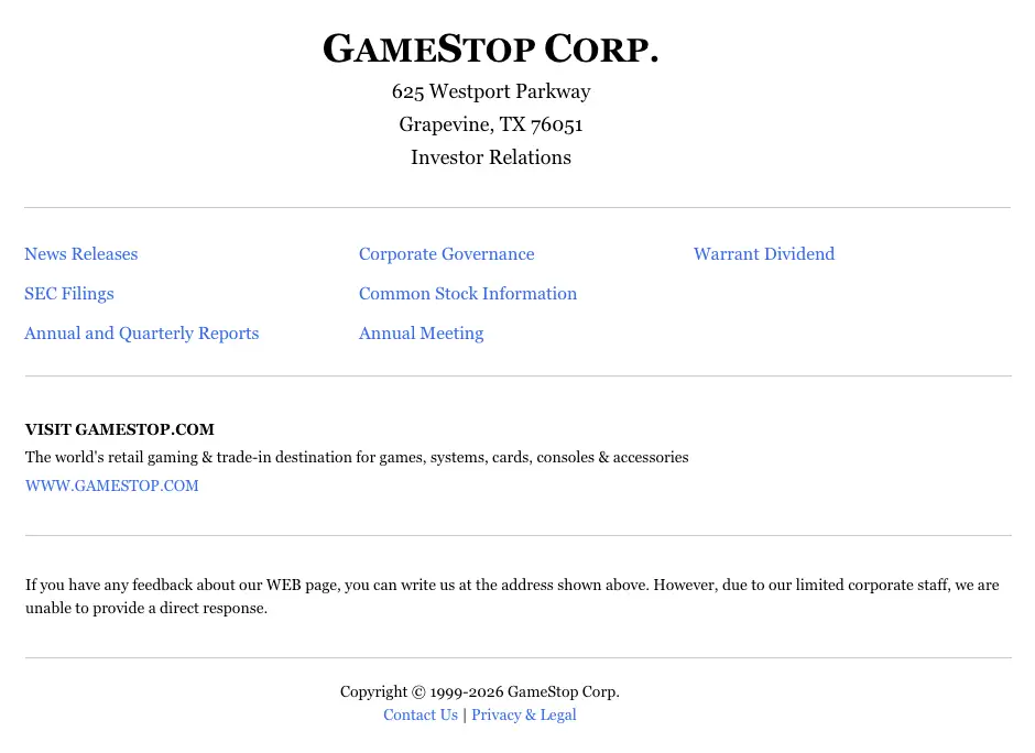 A screenshot of GameStop's investor relations website.