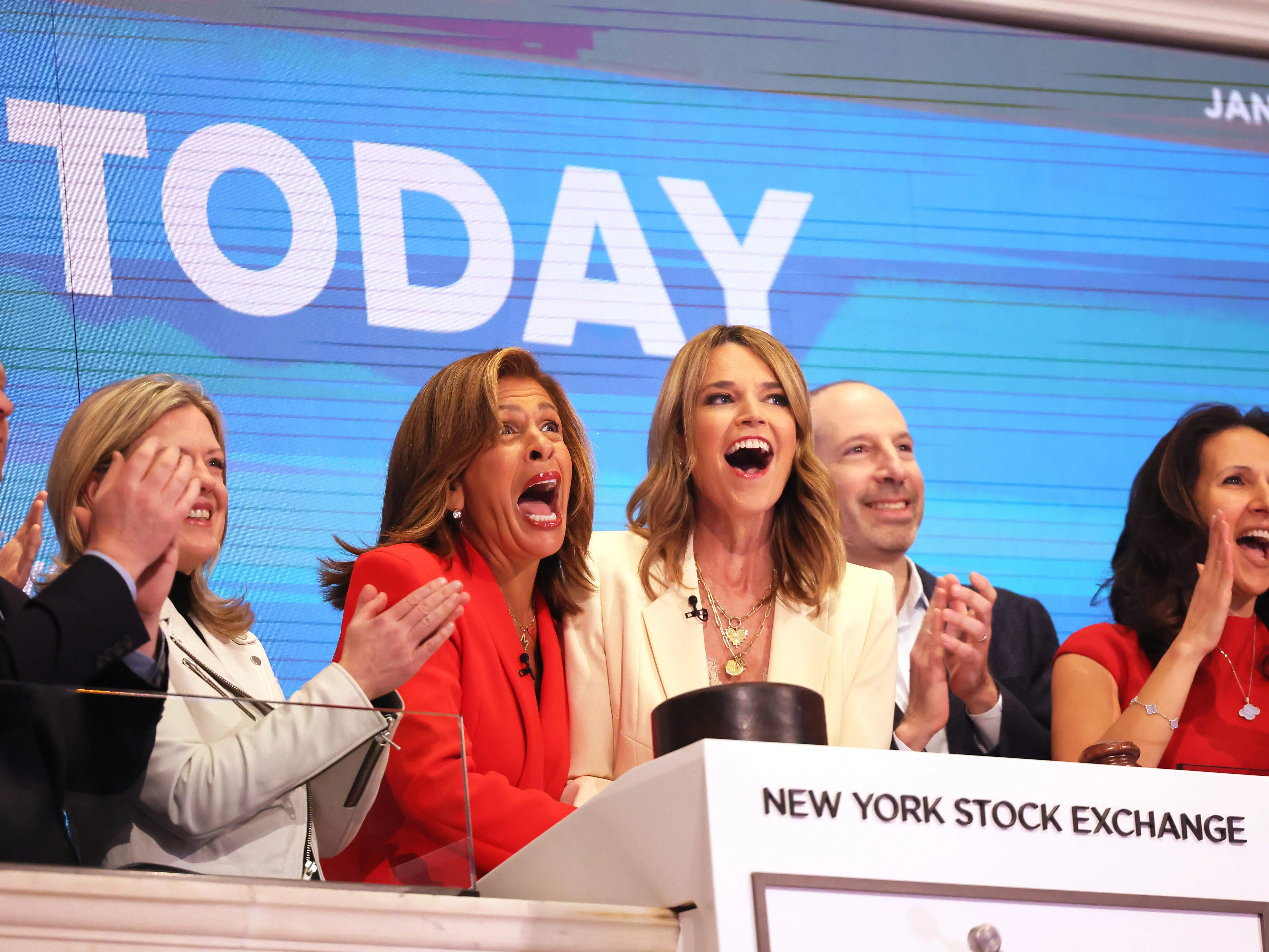 Today show cohosts Savannah Guthrie and Hoda Kotb ring the opening bell at the New York Stock Exchange during morning trading on January 04, 2023 in New York City.