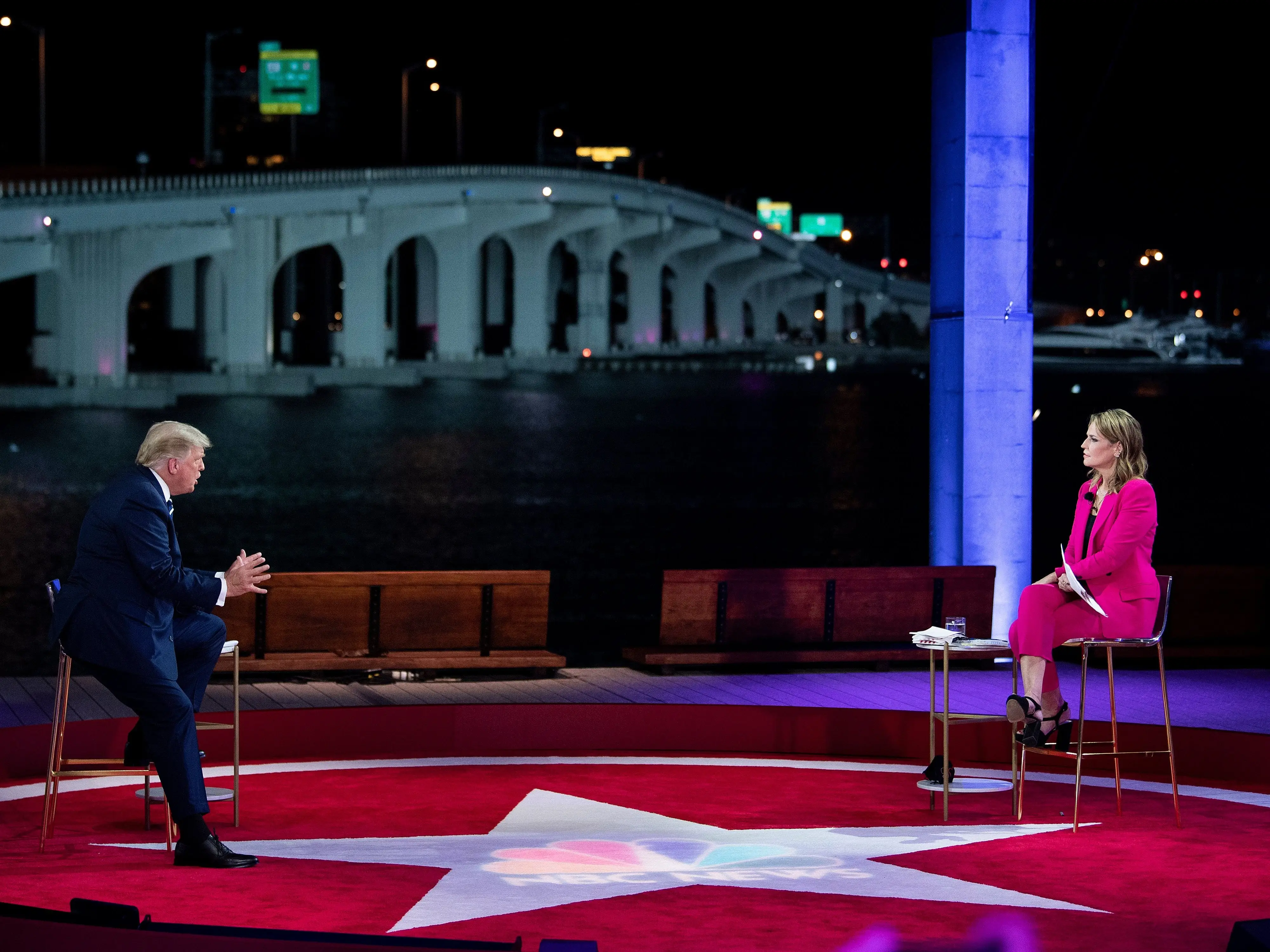 US President Donald Trump gestures as he speaks during an NBC News town hall event moderated by Savannah Guthrie at the Perez Art Museum in Miami on October 15, 2020.