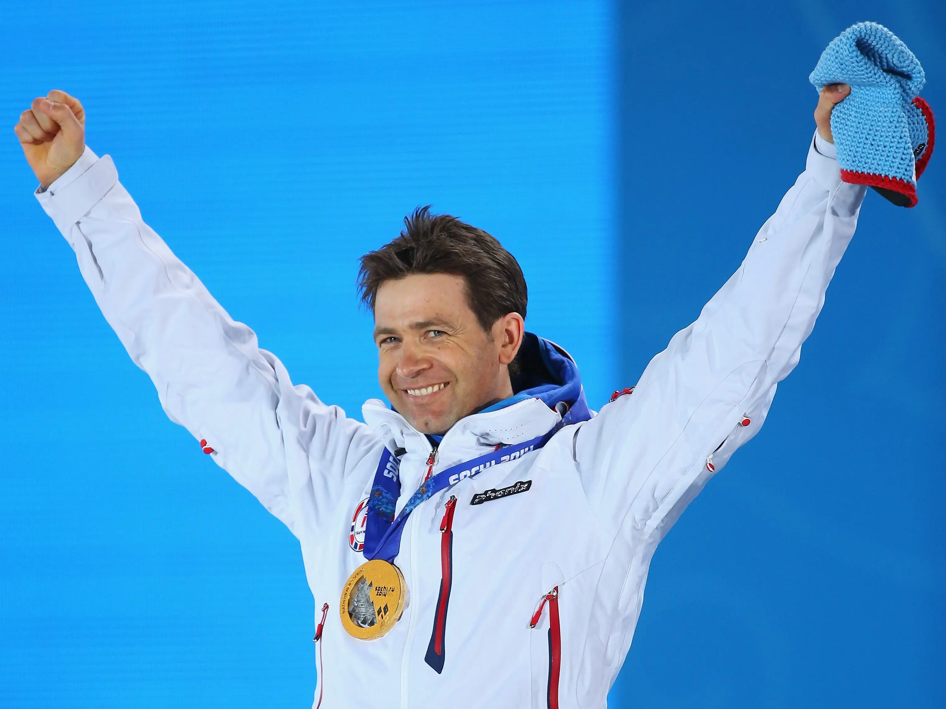 Gold medalist Ole Einar Bjoerndalen of Norway celebrates during the medal ceremony for the Men's Sprint 10 km on day 2 of the Sochi 2014 Winter Olympics at Medals Plaza on February 9, 2014 in Sochi