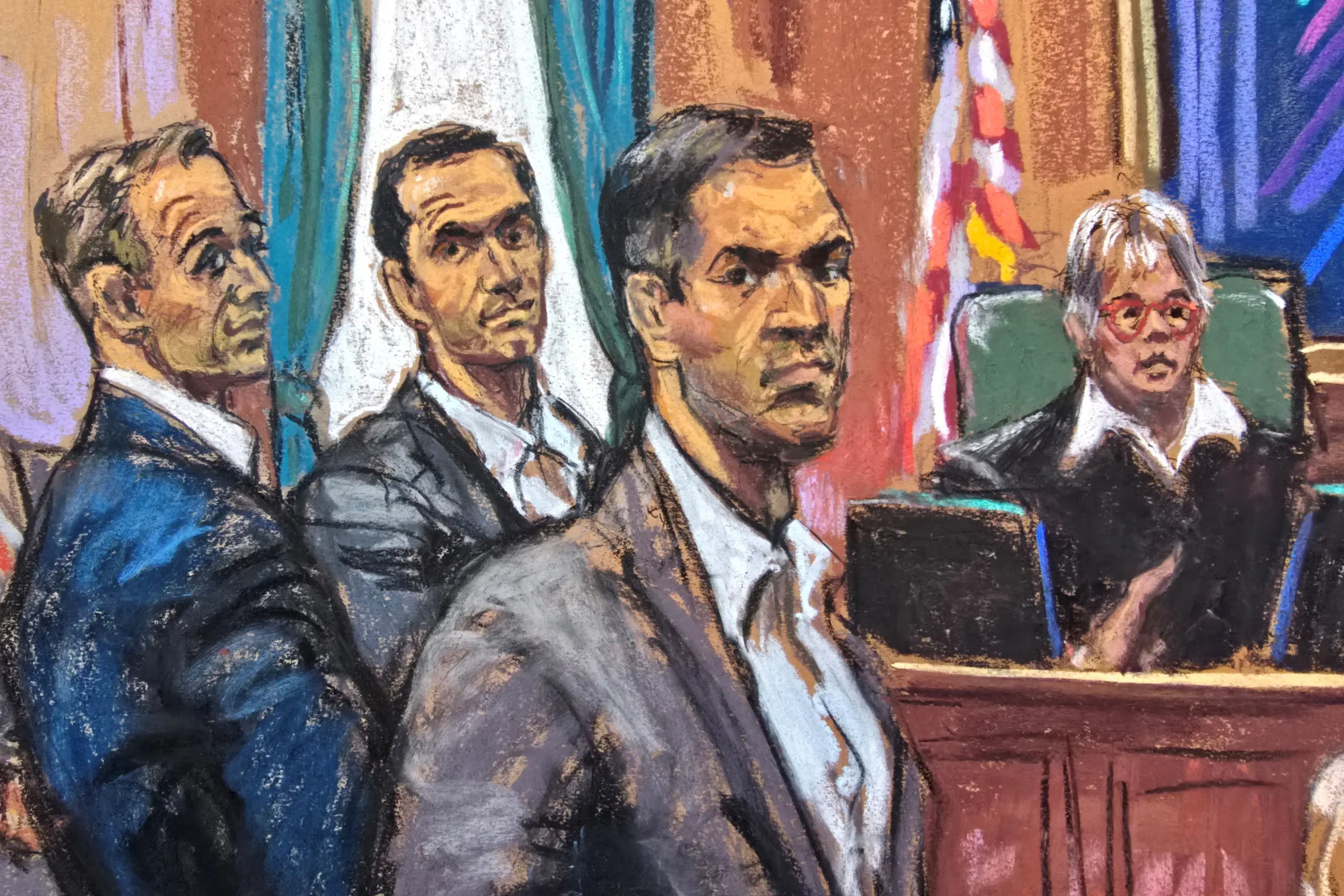 This courtroom sketch shows former luxury real estate brokers Tal Alexander and Oren Alexander, Alon Alexander, and US District Court Judge Valerie E. Caproni in federal court in Manhattan.