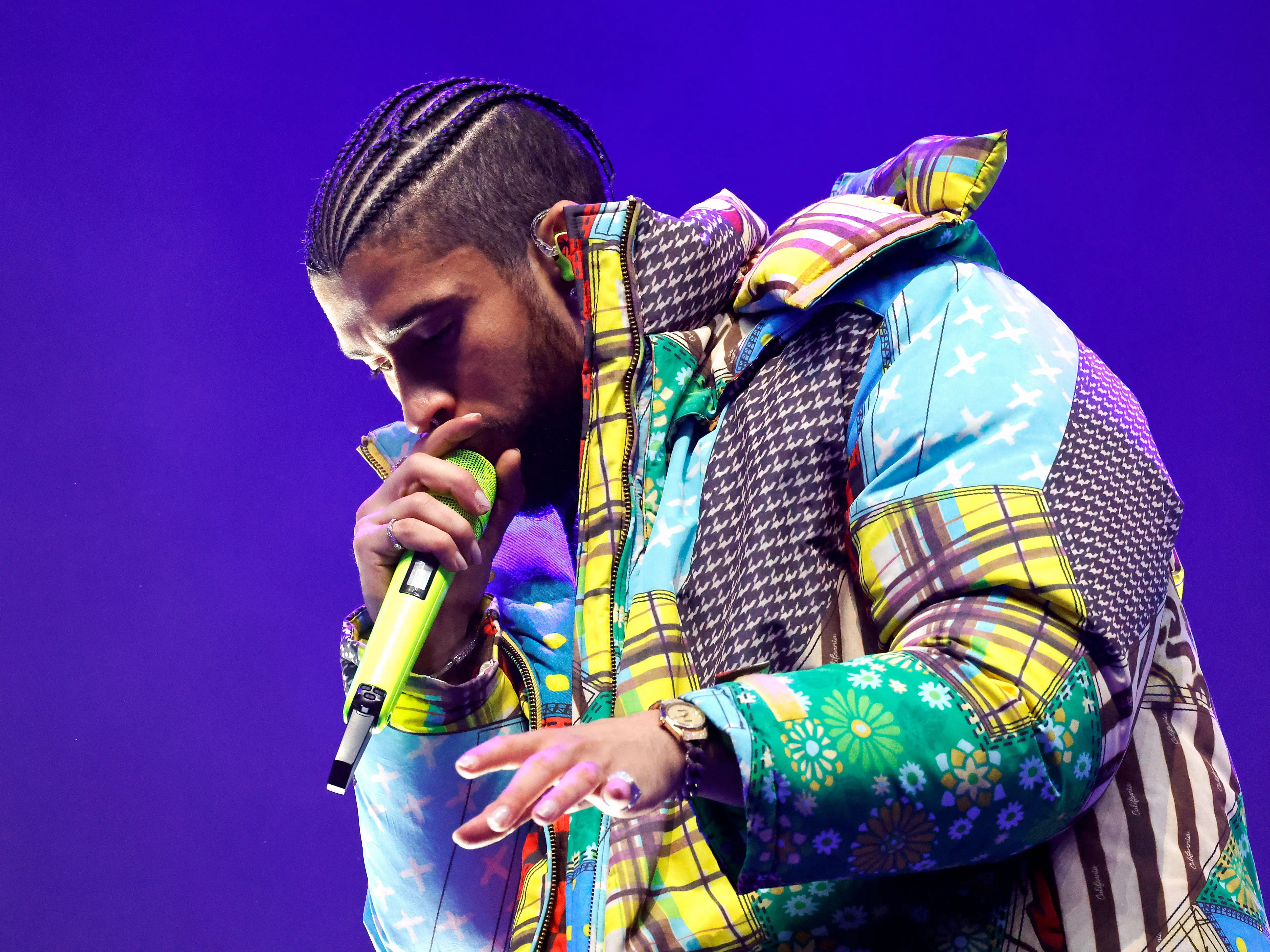Bad Bunny performs at the Coachella Stage during the 2023 Coachella Valley Music and Arts Festival on April 14, 2023 in Indio, California.