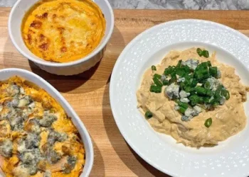 I made 3 Buffalo chicken dip recipes. The best used Costco’s $5 rotisserie chicken.