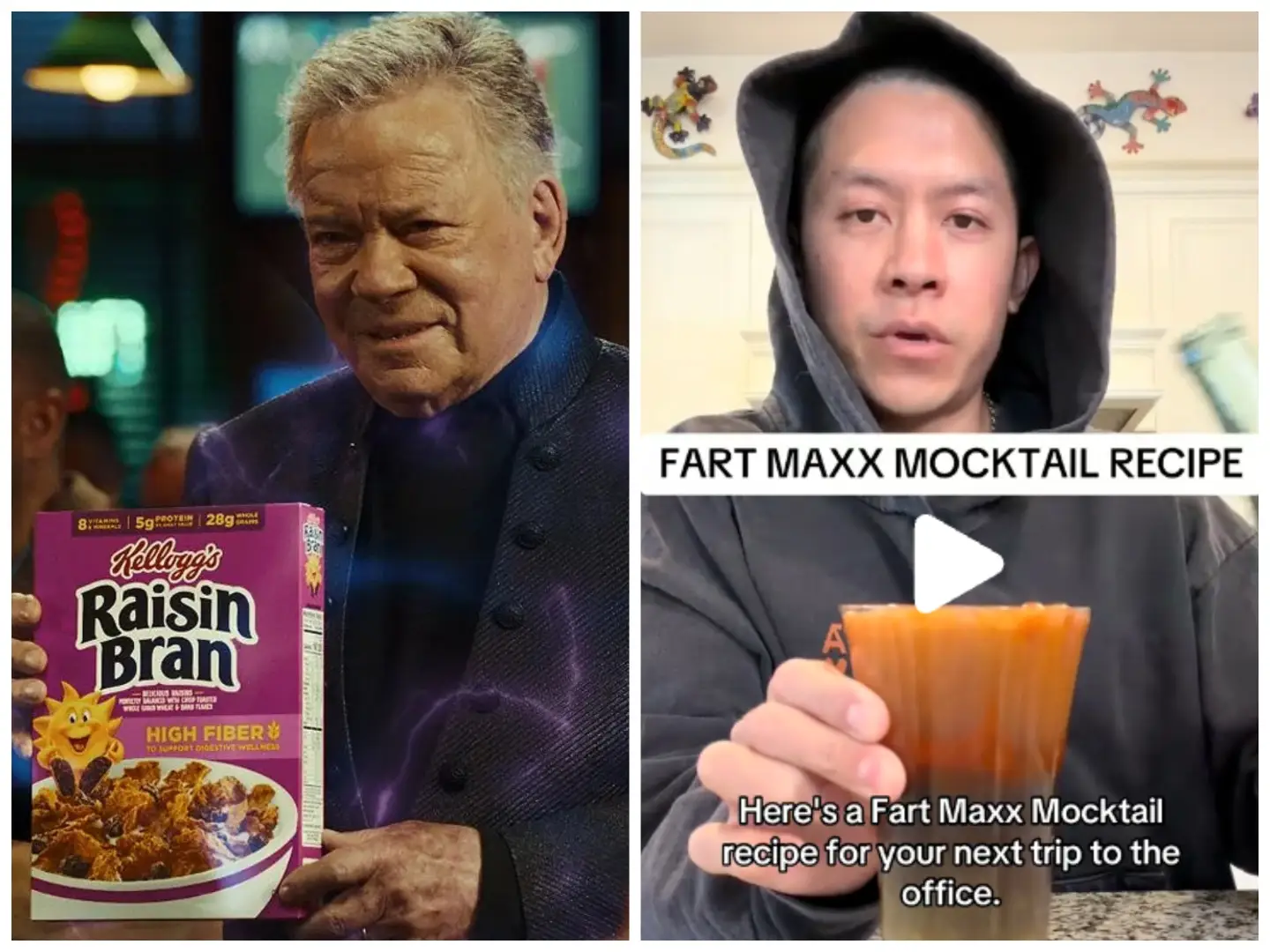 william shatner holding rasin brand and alan lin in hoodie holding drink says fartmaxxing