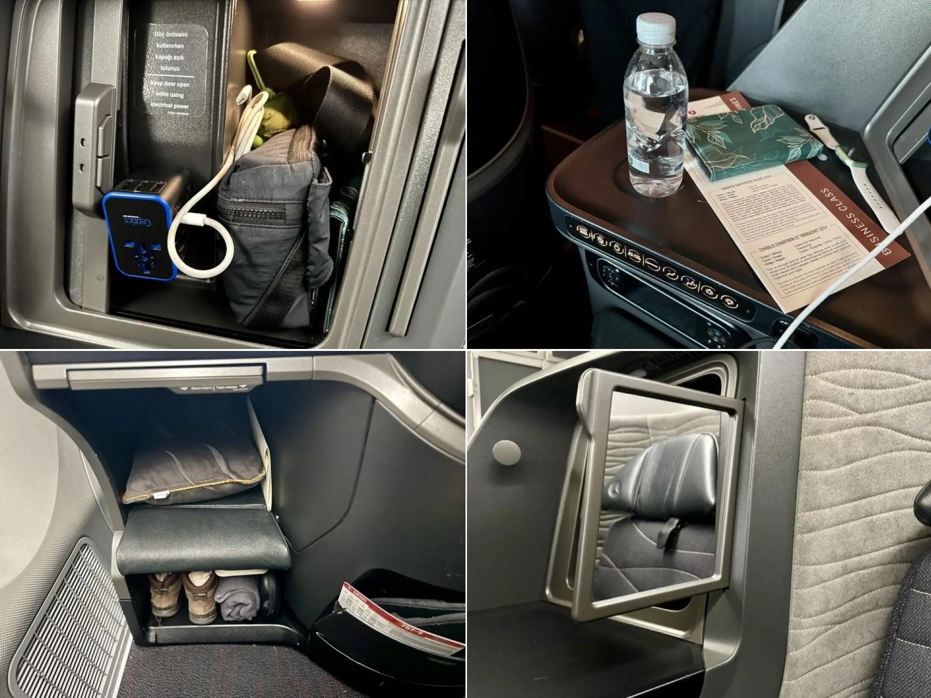 Collage of storage page on author's business class seat.