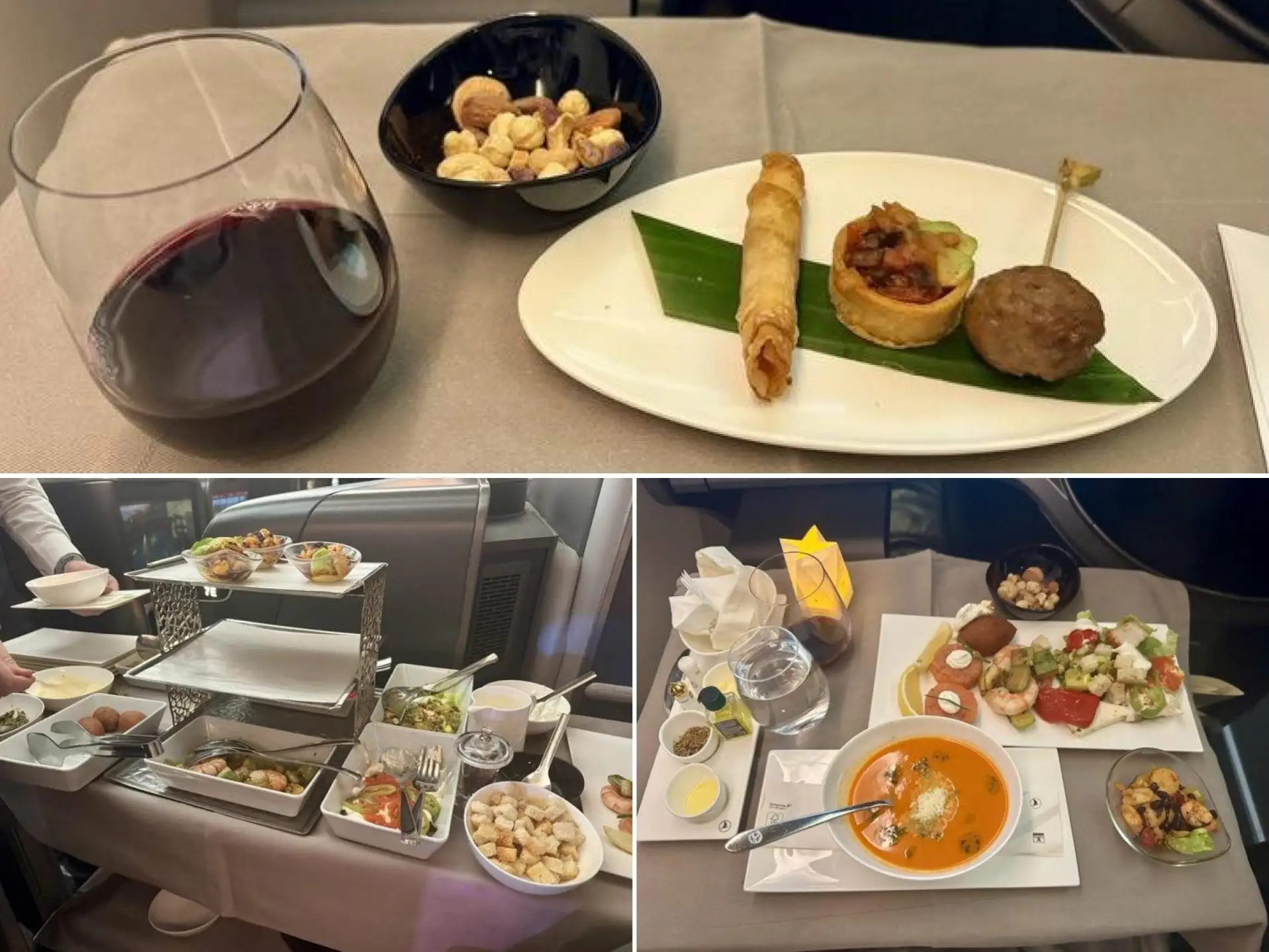 The appetizers and snacks in Turkish business class, like meatballs, tomato soup, and salads.
