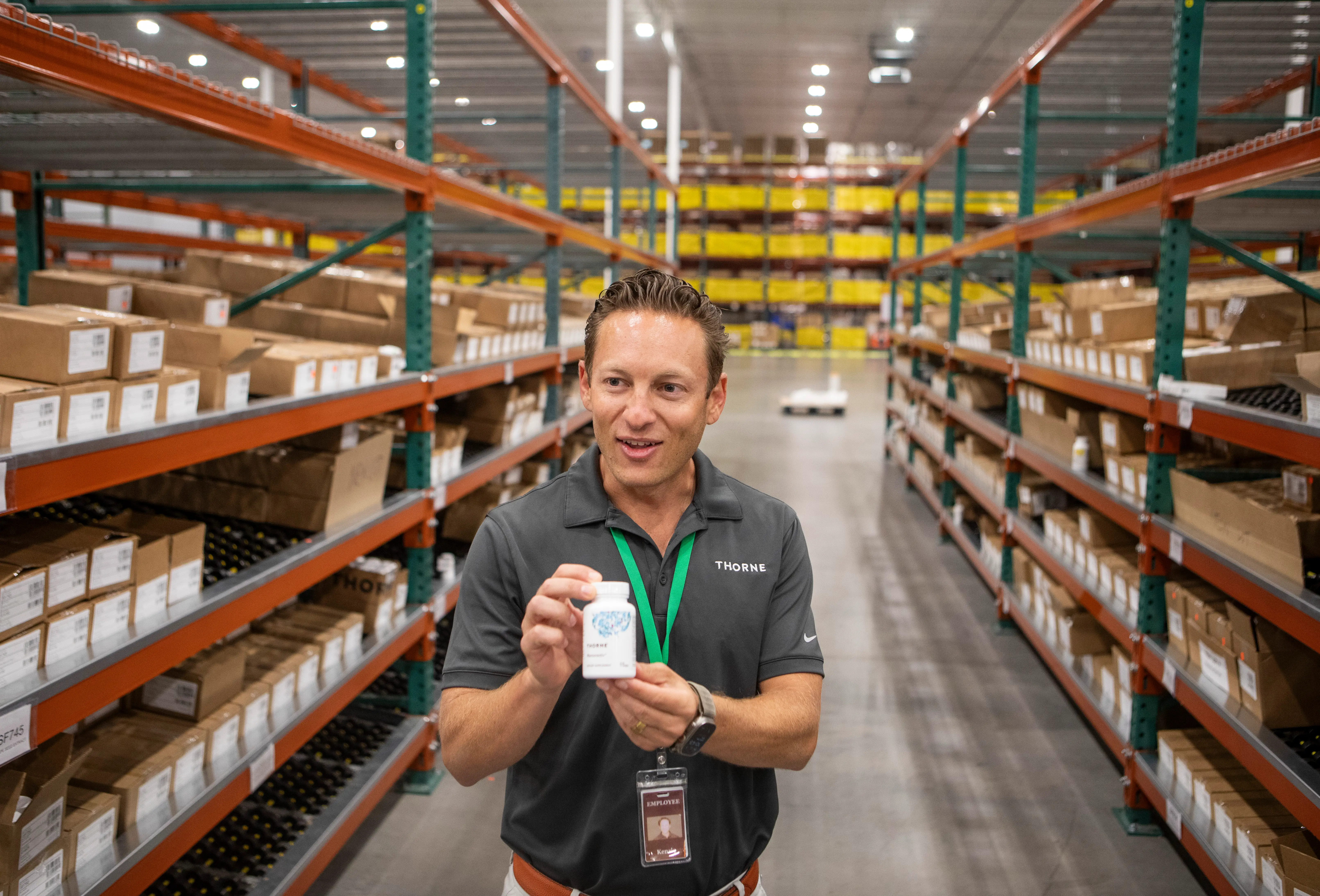 Kenzie Goer walks through the distribution area of Thorne's warehouse and shares products, Friday, September 5, 2025, in Summerville.