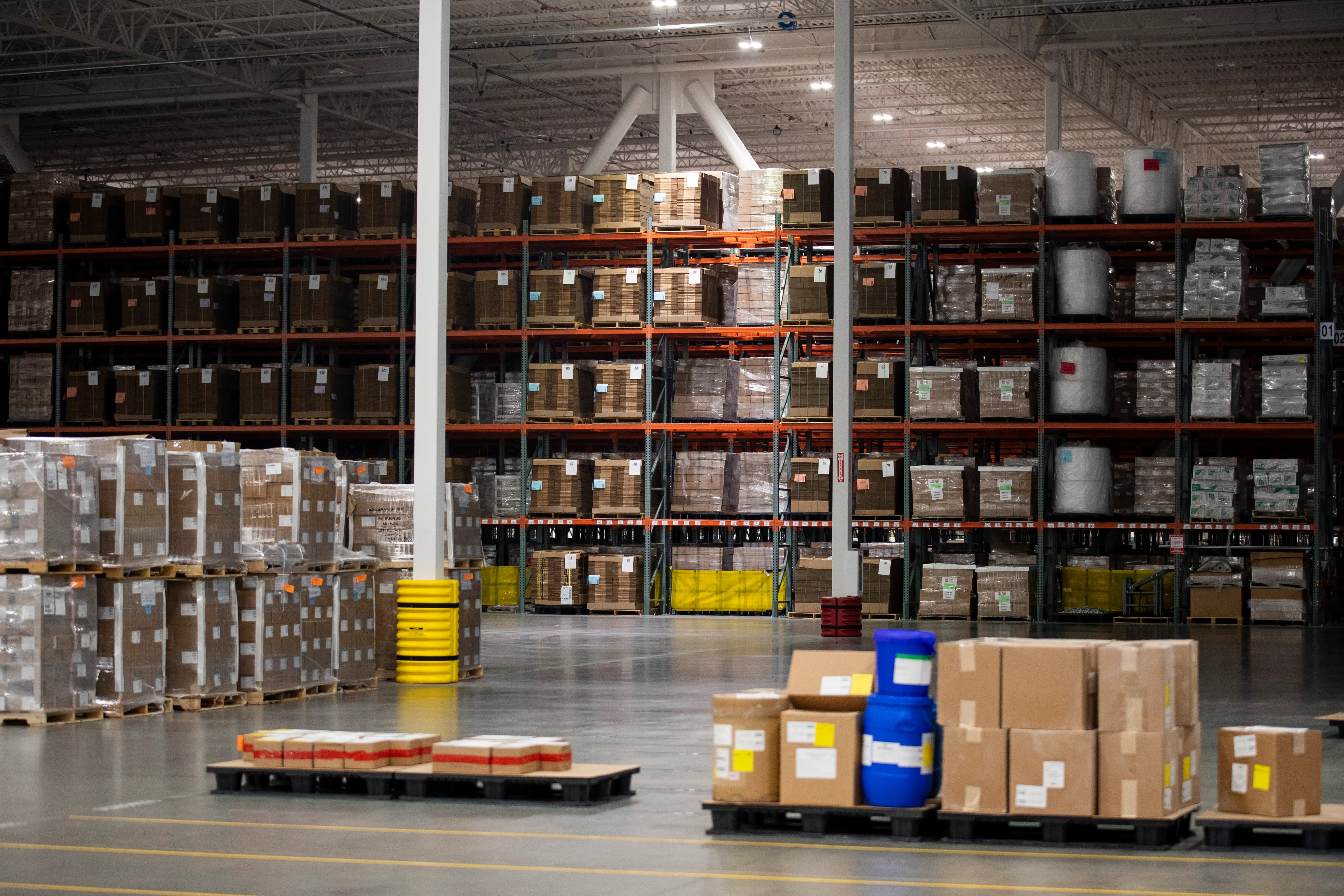 Raw materials for manufacturing Thorne supplements sit on shelves inside the warehouse of the manufacturing facility, Friday, September 5, 2025, in Summerville.