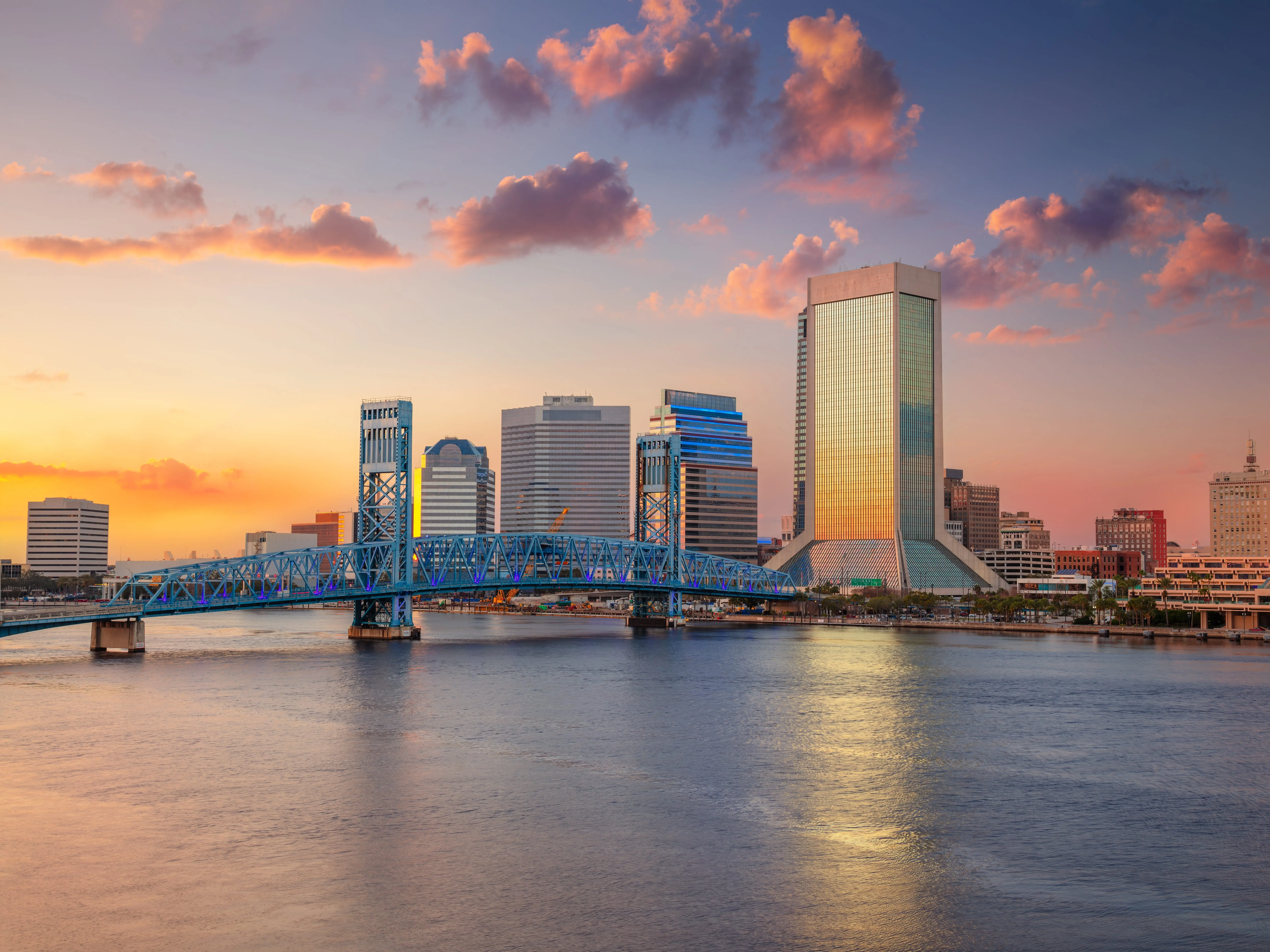 Buildings at sunset in Jacksonville, Florida.