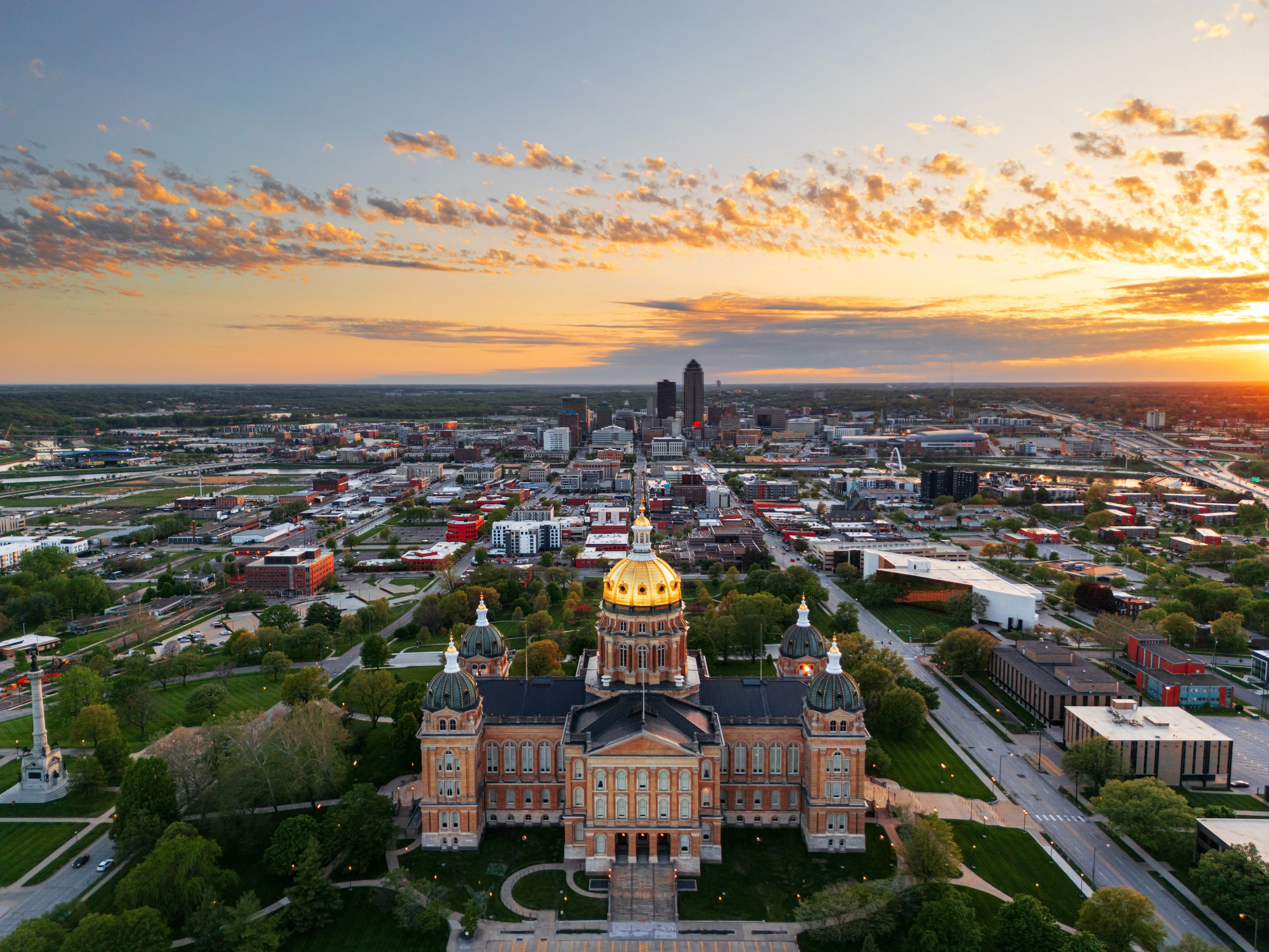 Buildings at sunset in Des Moines, Iowa.