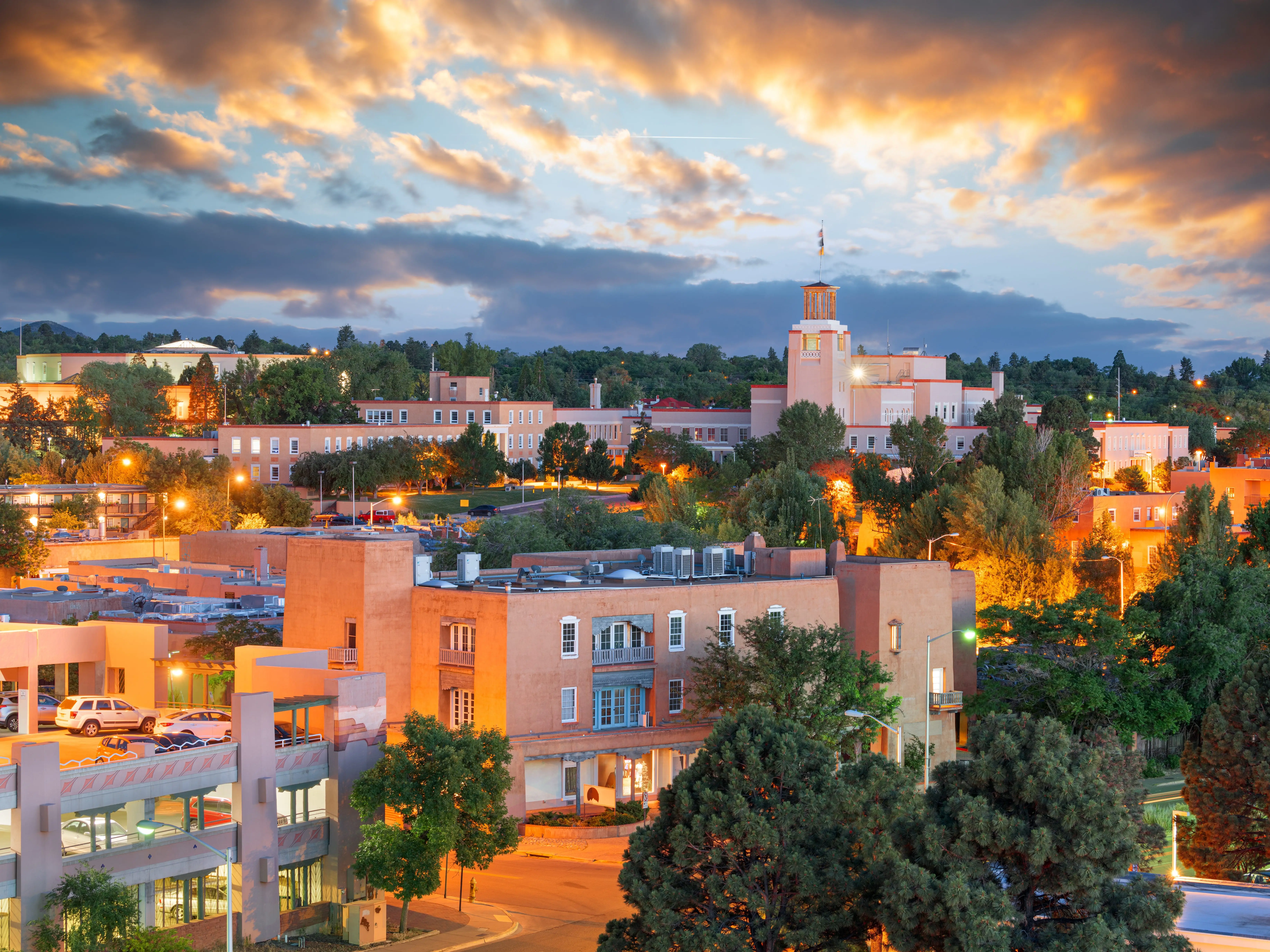 Illuminated buildings in Santa Fe, New Mexico.