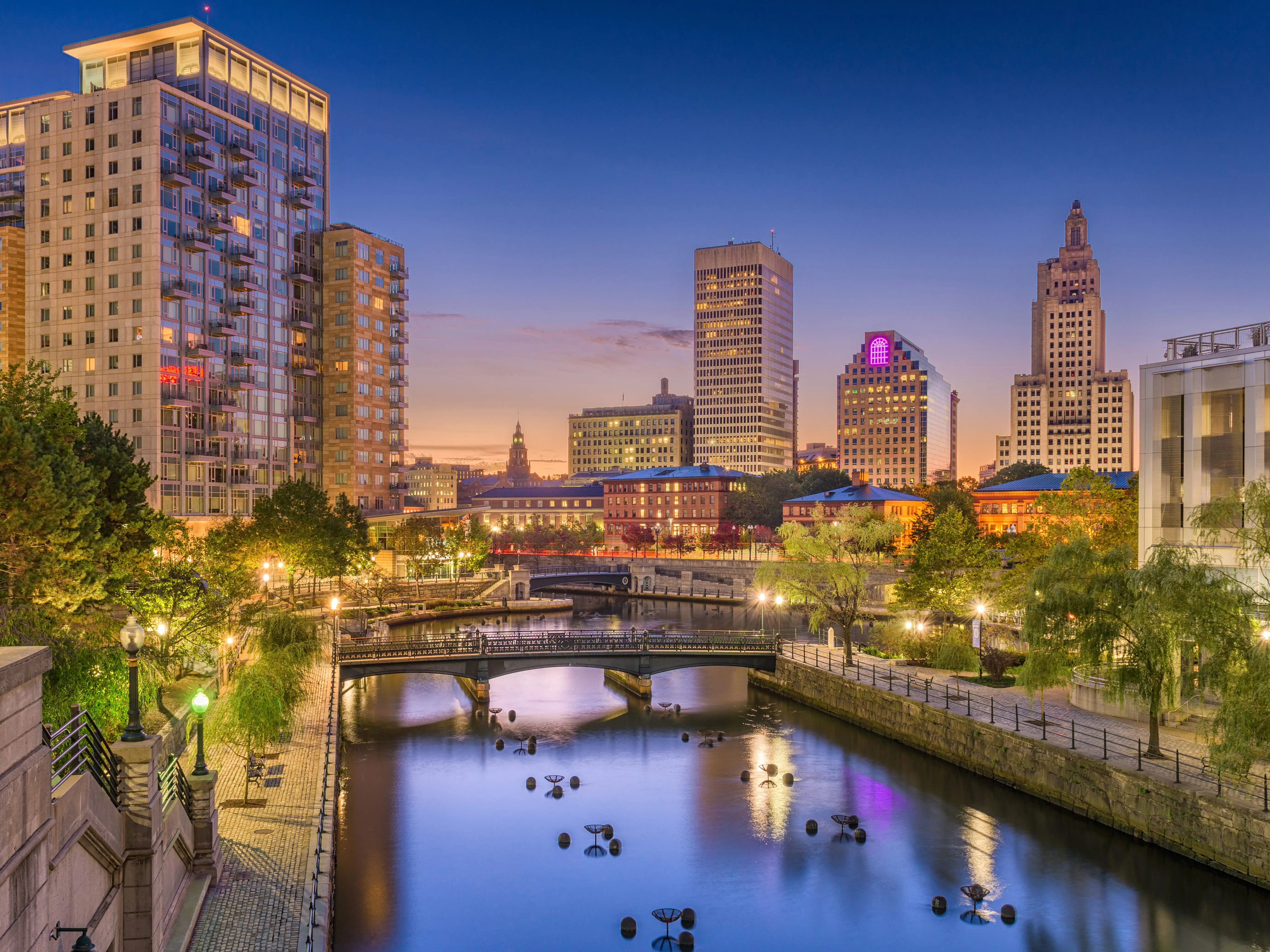 Buildings illuminated at dusk in Providence, Rhode Island.