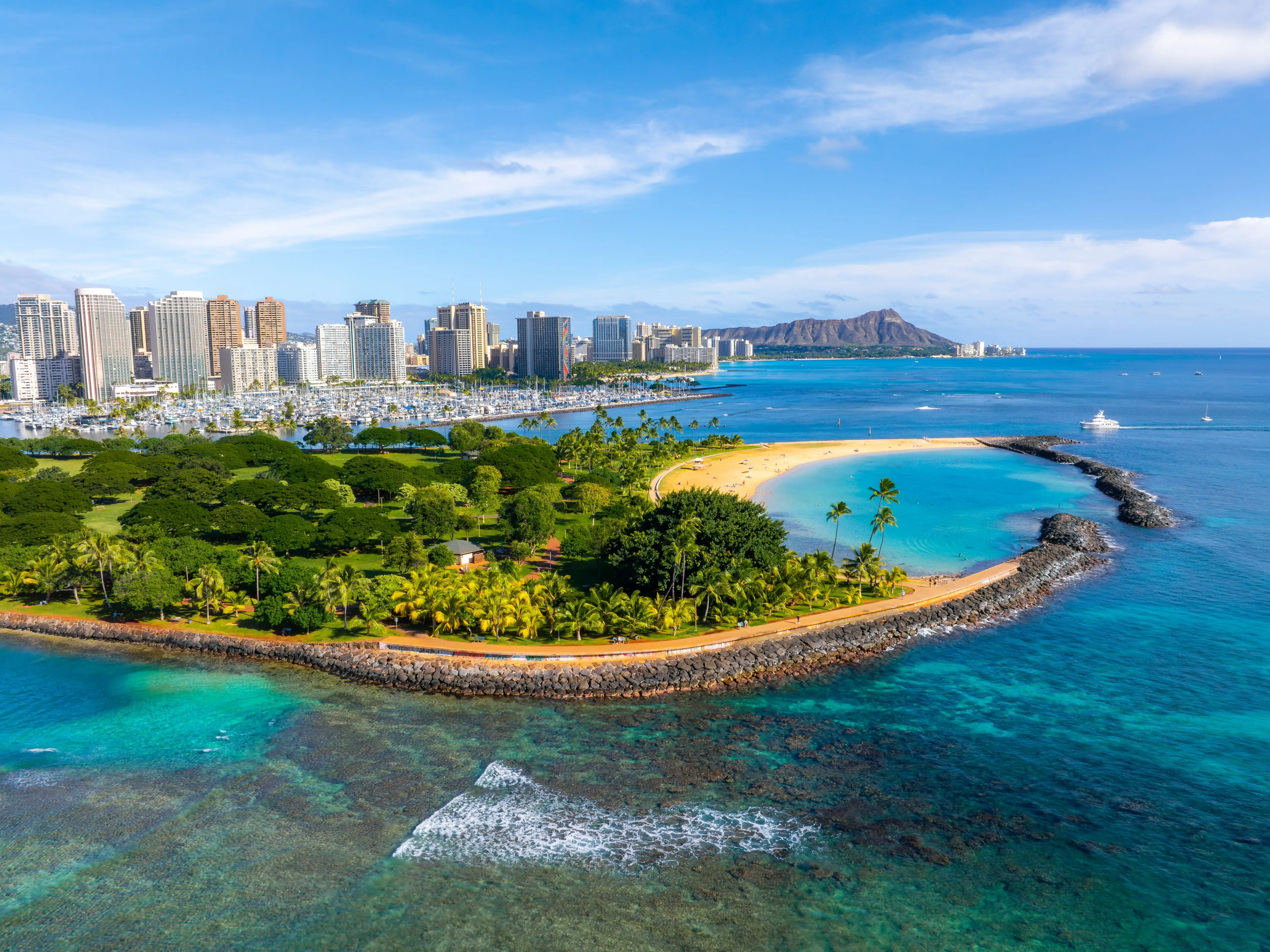 Peninsula in front of Honolulu, Hawaii skyline.