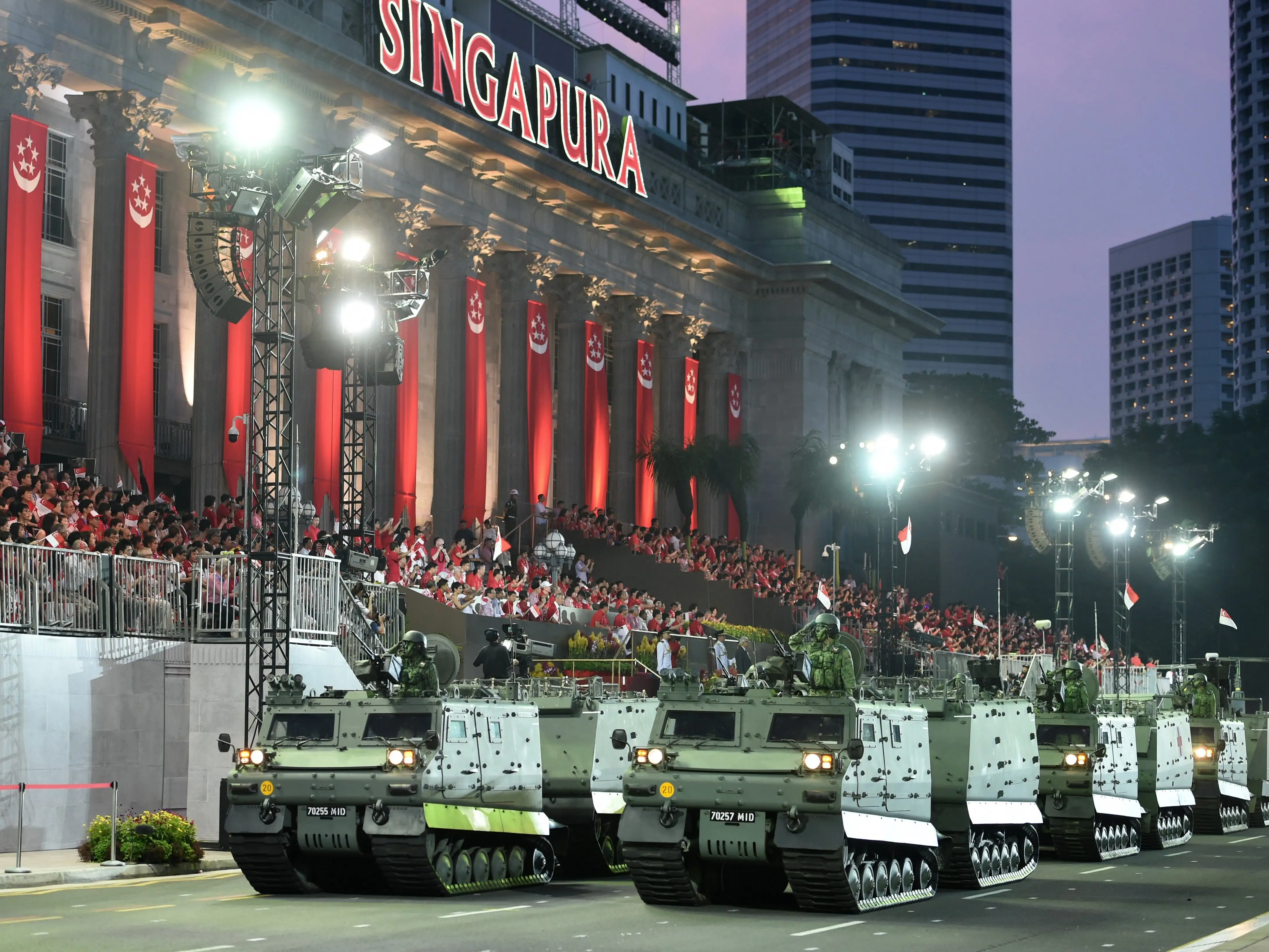 The mobile column from the Singapore Armed Forces takes part in a parade during Singapore's 50th National day anniversary celebration at the Padang in Singapore on August 9, 2015