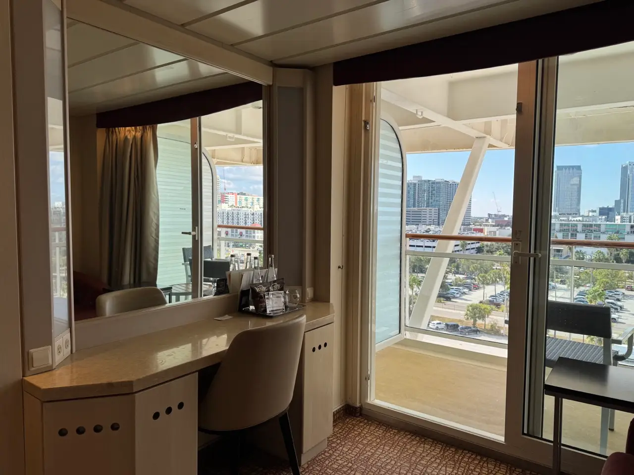 View of balcony and desk area Concierge Class cabin on Celebrity Constellation