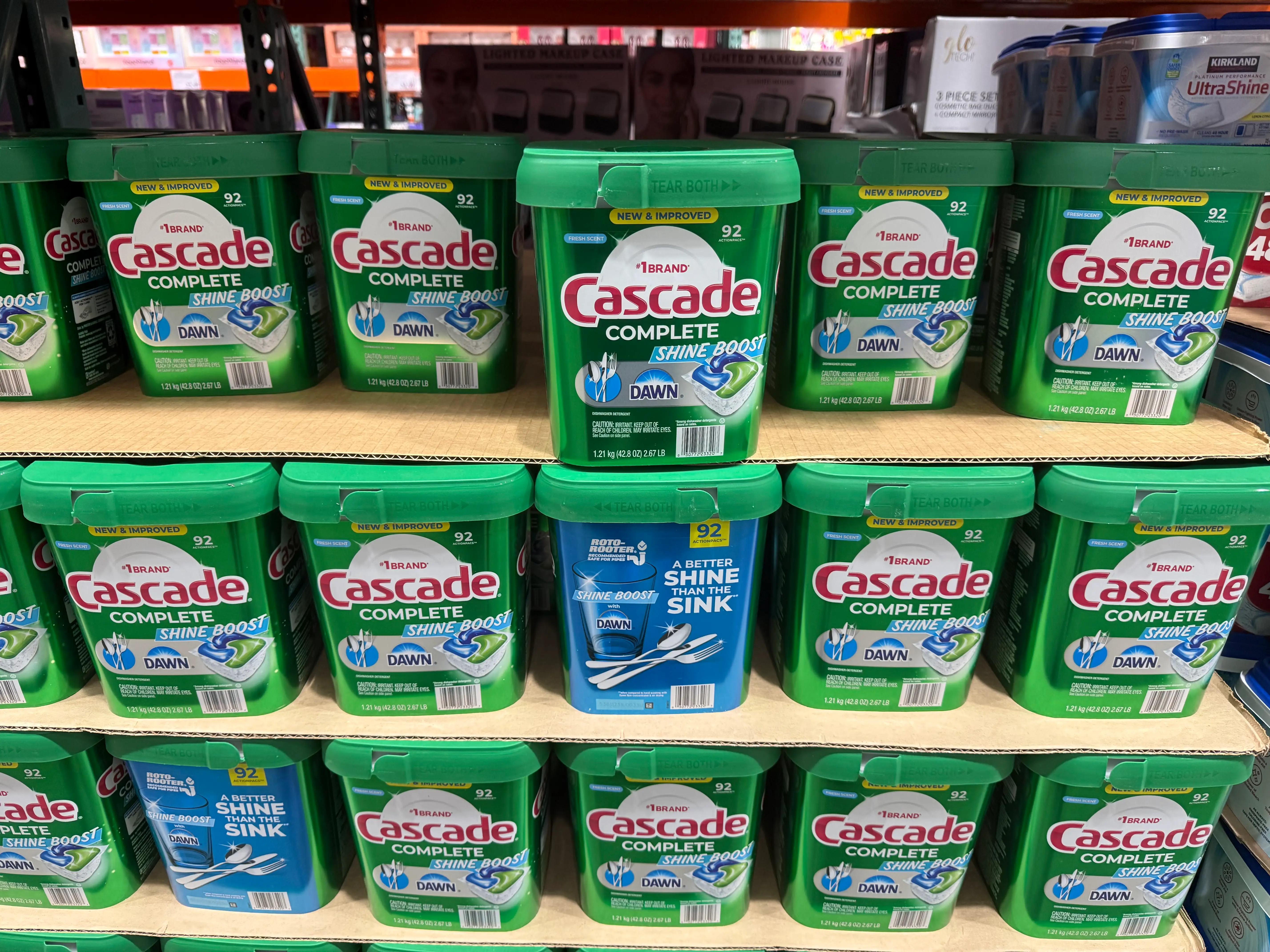 Buckets of Cascade Complete detergent pods on display at Costco.