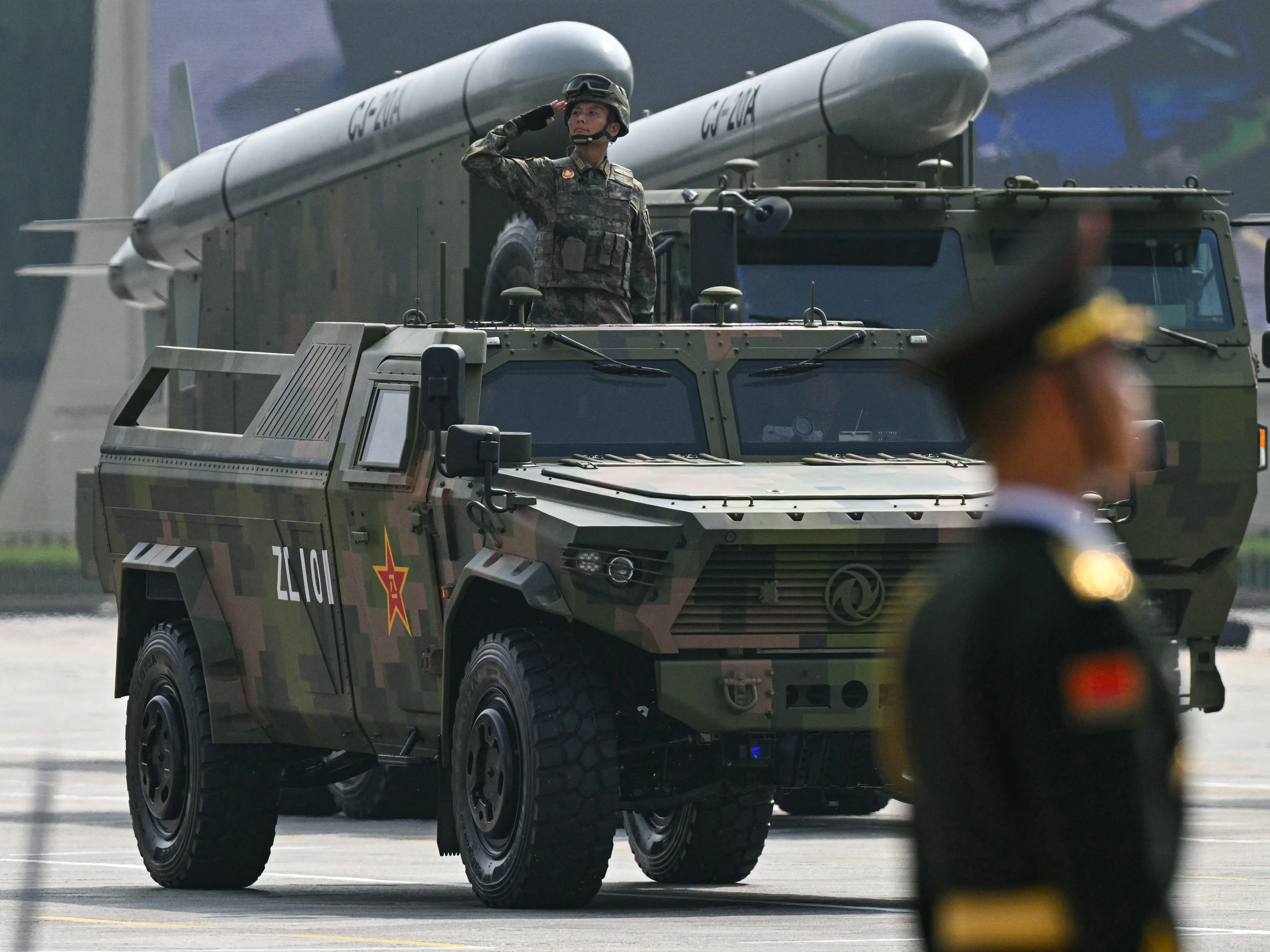 CJ-20A air-launched cruise missiles are seen during a military parade marking the 80th anniversary of victory over Japan and the end of World War II, in Beijing's Tiananmen Square on September 3, 2025.