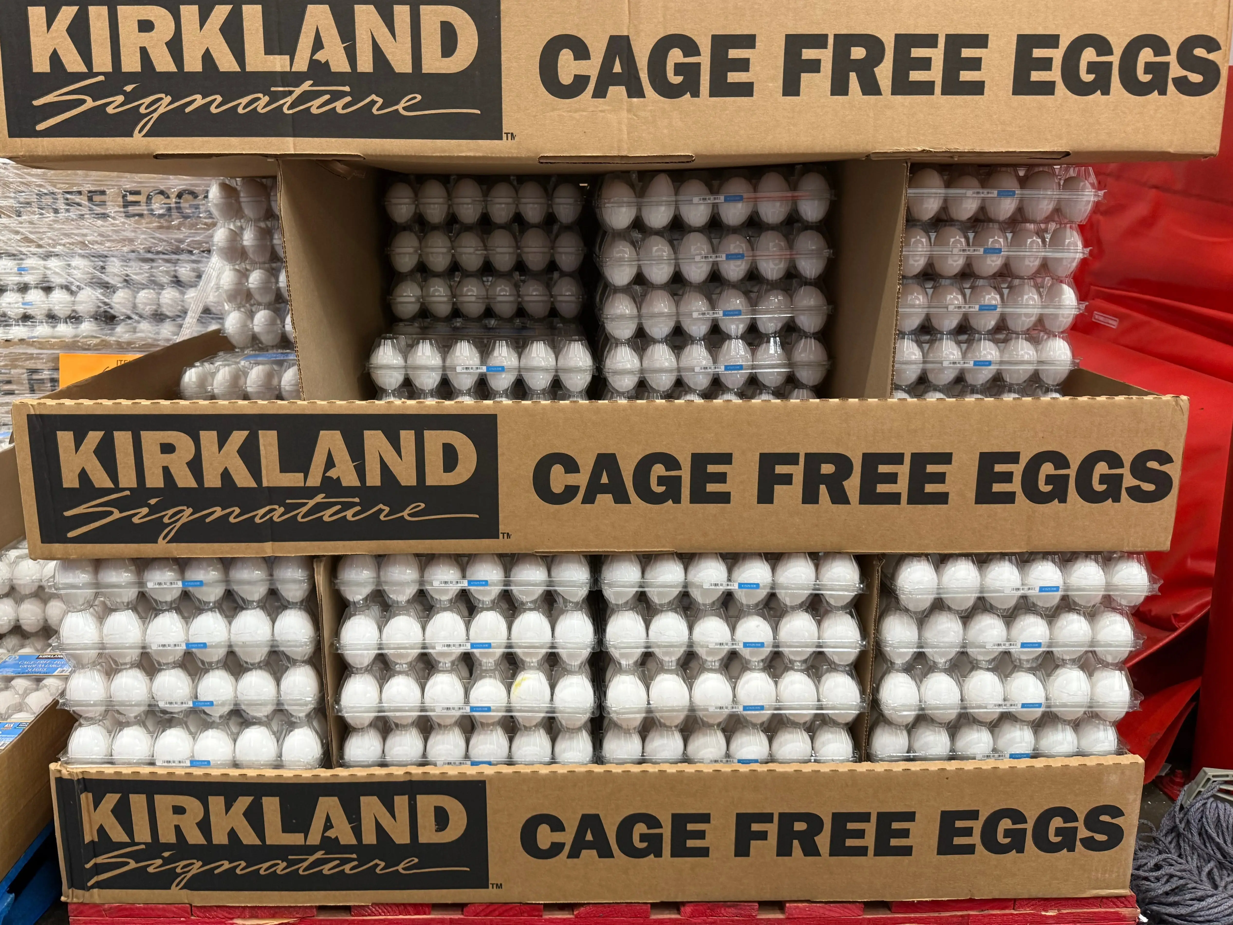 Cartons of Kirkland Signature cage-free eggs on display at Costco.