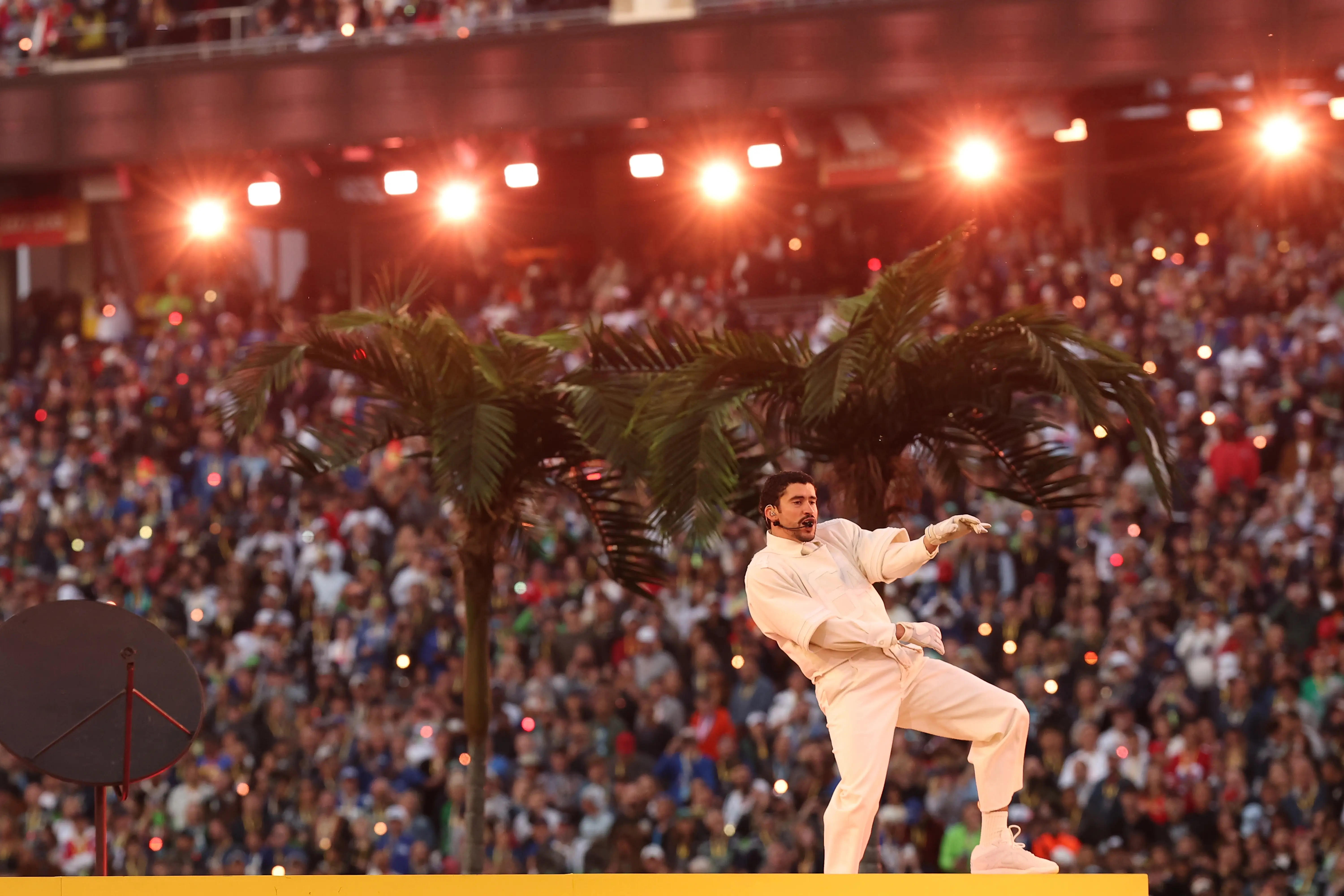 Bad Bunny performs onstage during the Apple Music Super Bowl LX Halftime Show at Levi's Stadium on February 08, 2026 in Santa Clara, California.