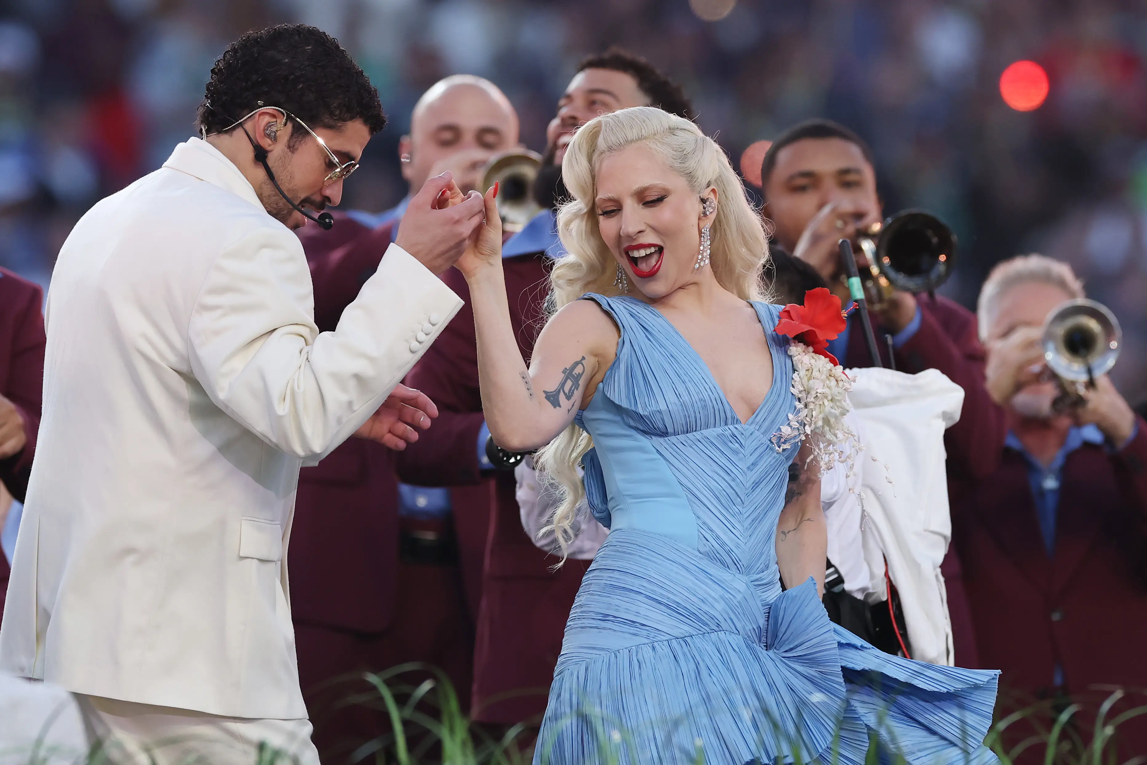 Bad Bunny and Lady Gaga perform at the 2026 Super Bowl.