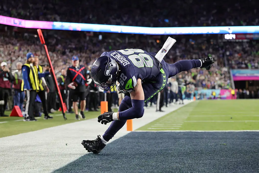 AJ Barner scores a touchdown at Super Bowl LX.