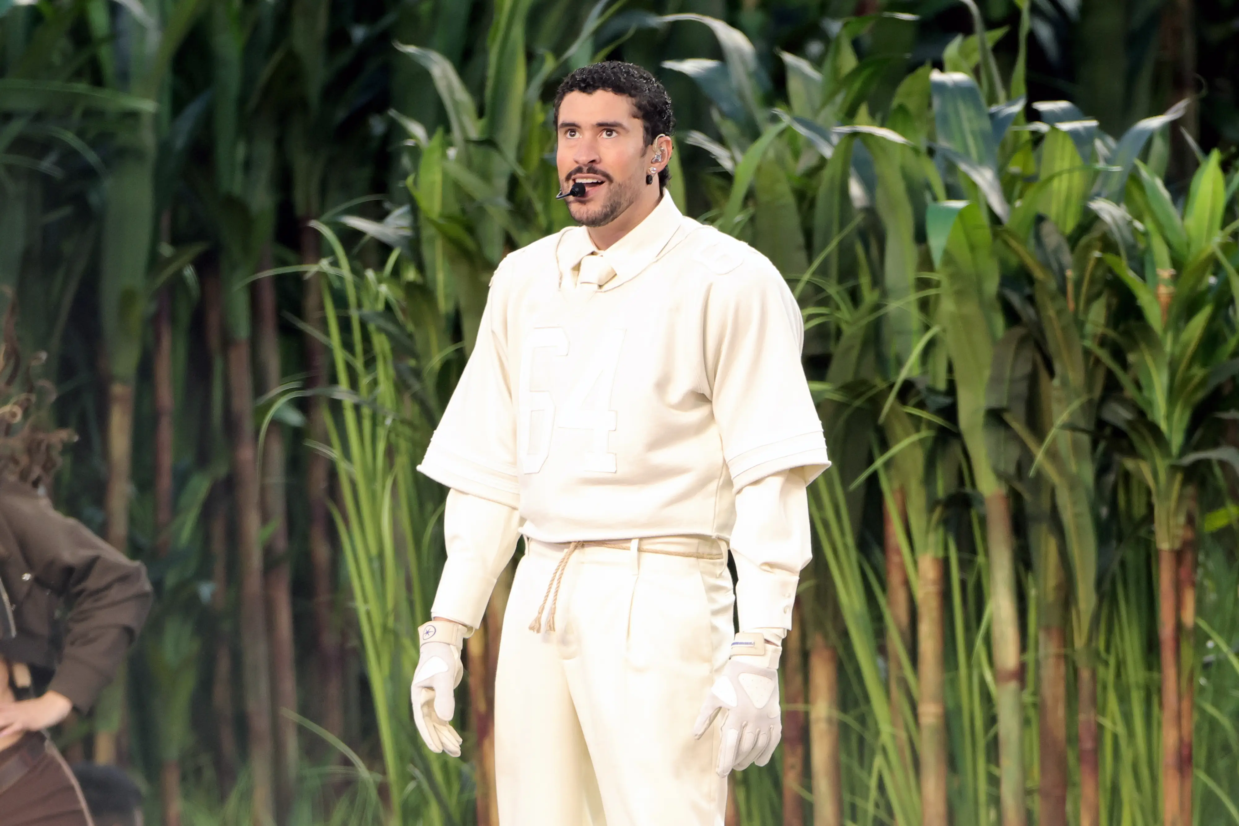 SANTA CLARA, CALIFORNIA - FEBRUARY 08: Bad Bunny performs onstage during the Apple Music Super Bowl LX Halftime Show at Levi's Stadium on February 08, 2026 in Santa Clara, California.