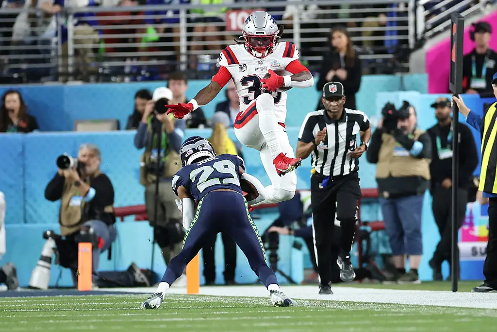 Rhamondre Stevenson at Super Bowl LX.