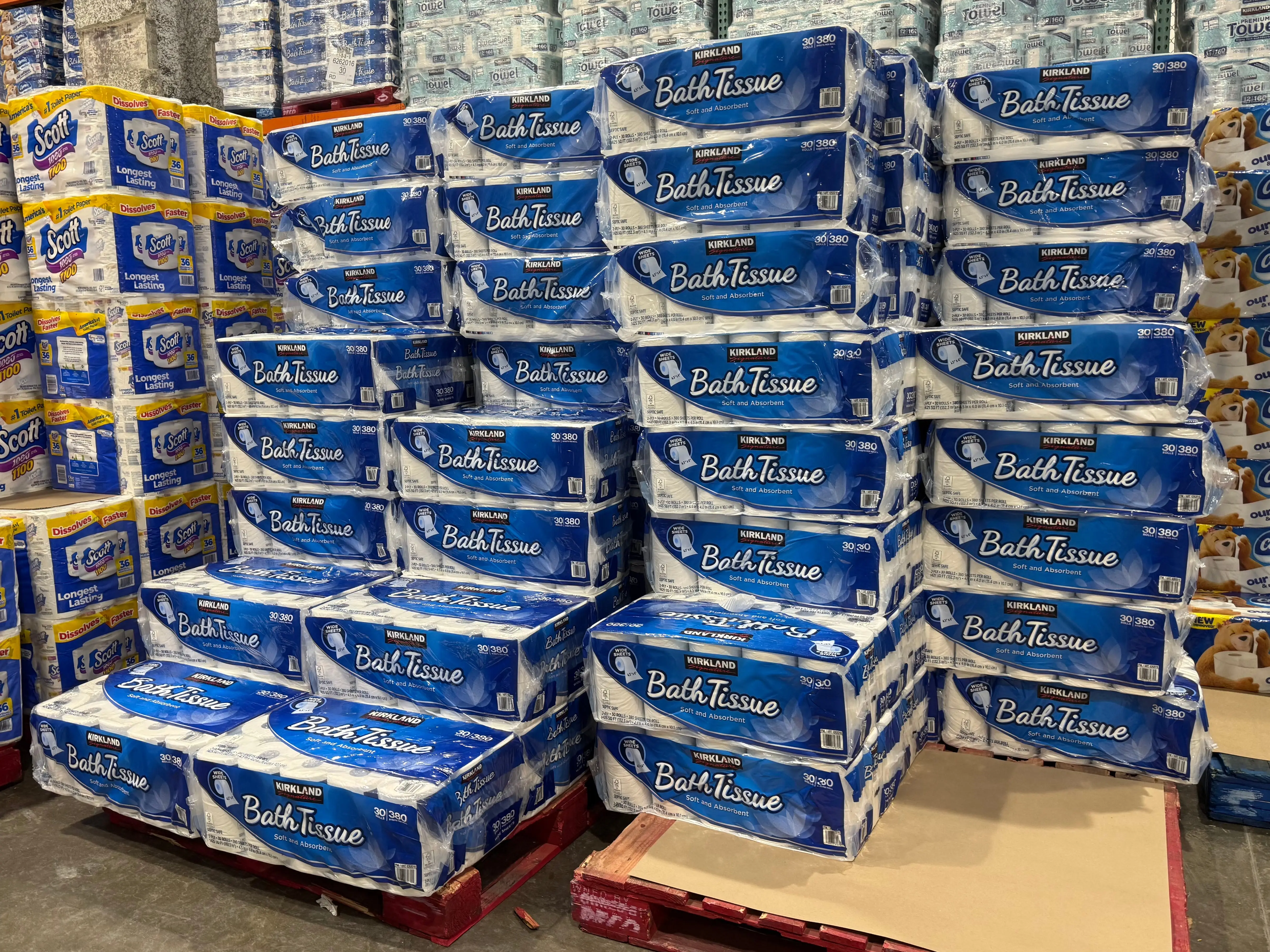 Packages of Kirkland Signature toilet paper on display at Costco.
