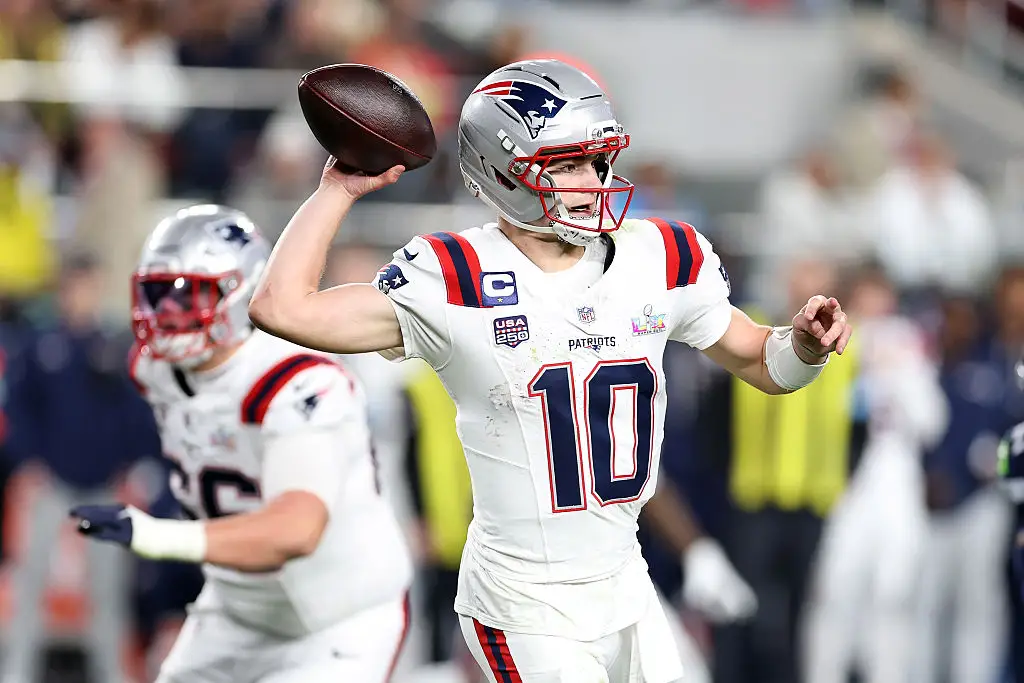 Patriots quarterback Drake Maye at Super Bowl LX.