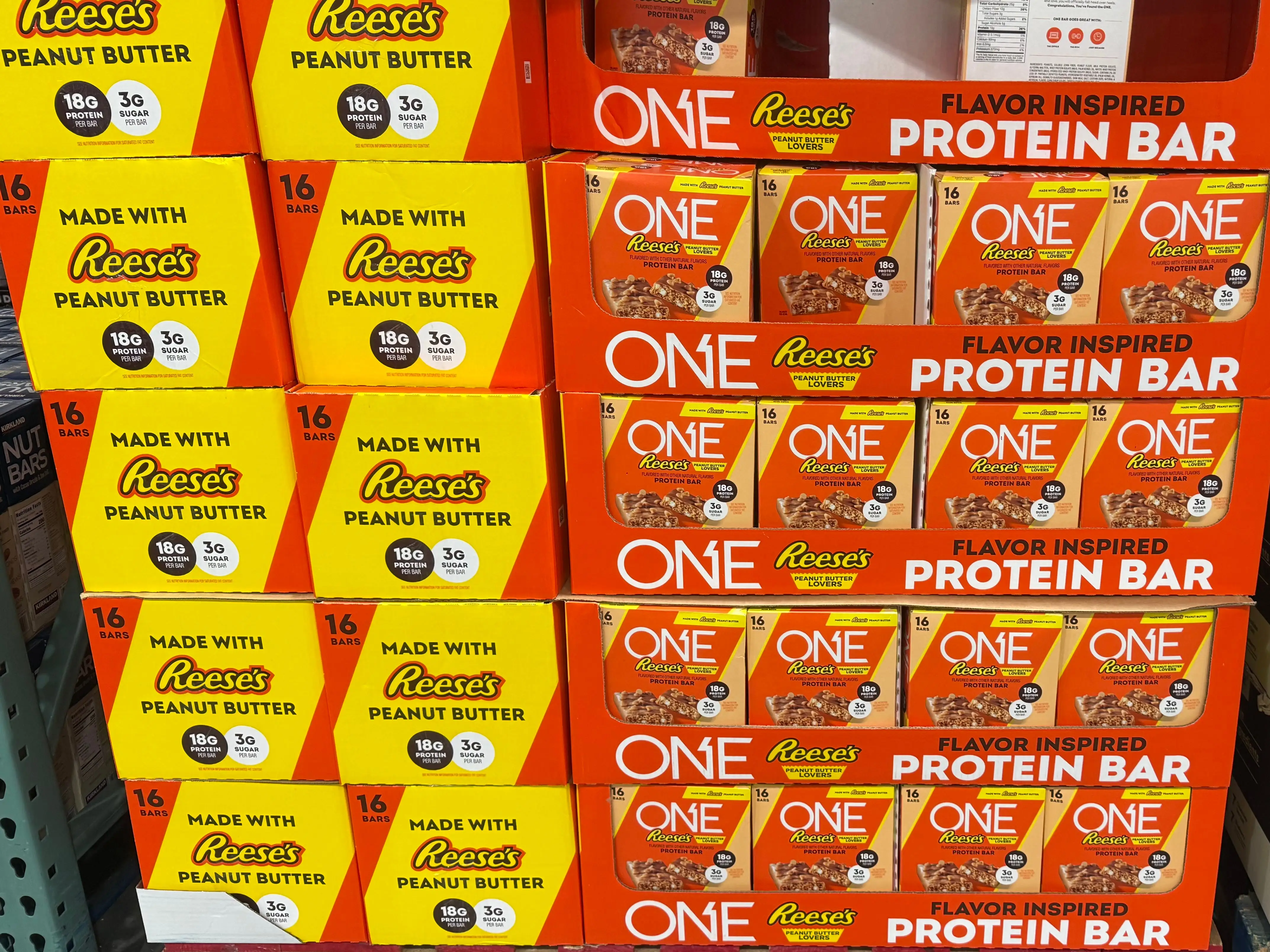 Boxes of One protein bars, which are made with Reese's peanut butter, on display at Costco.