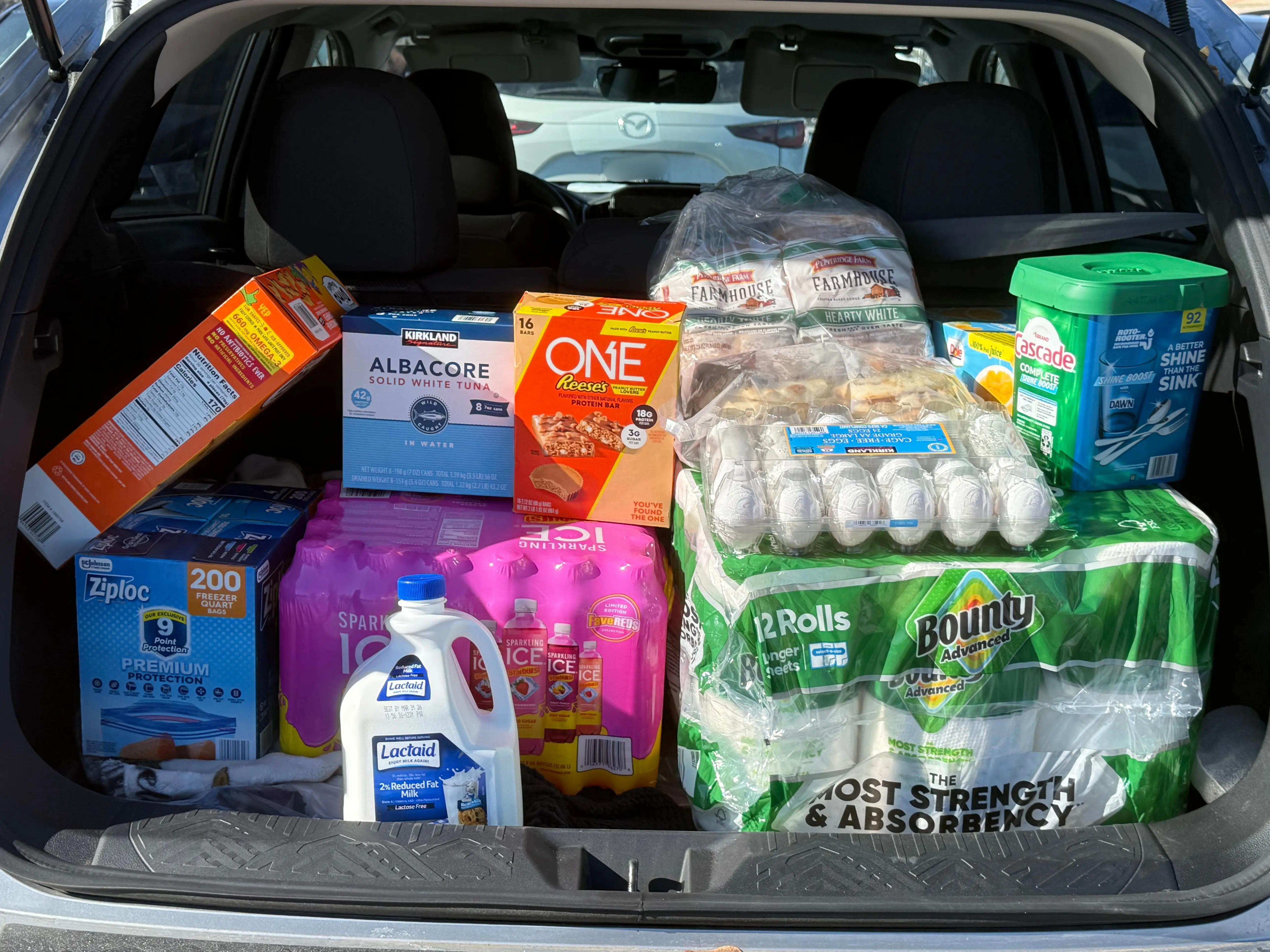 A full trunk of groceries in a hatchback car.
