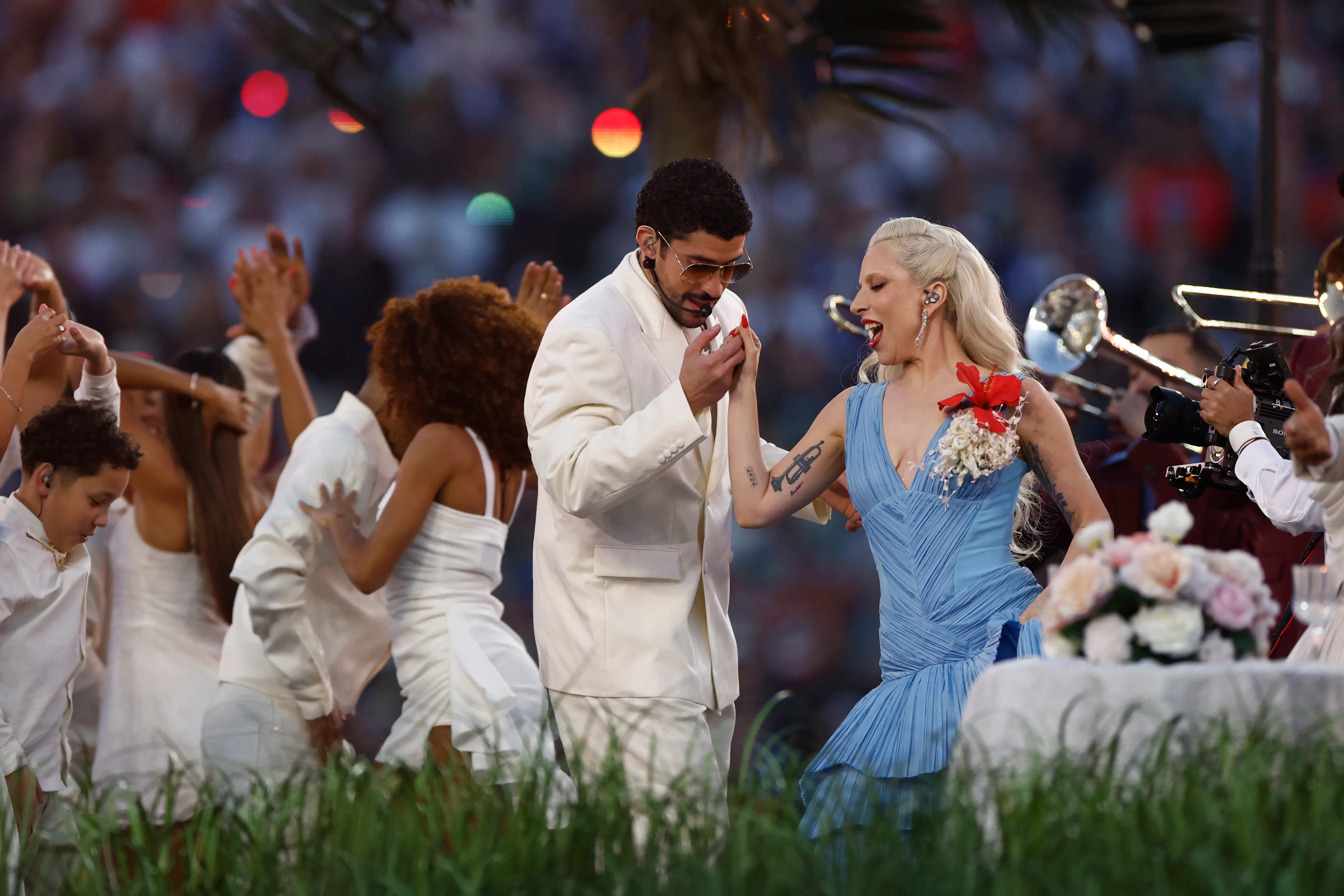 Bad Bunny and Lady Gaga perform at the 2026 Super Bowl.