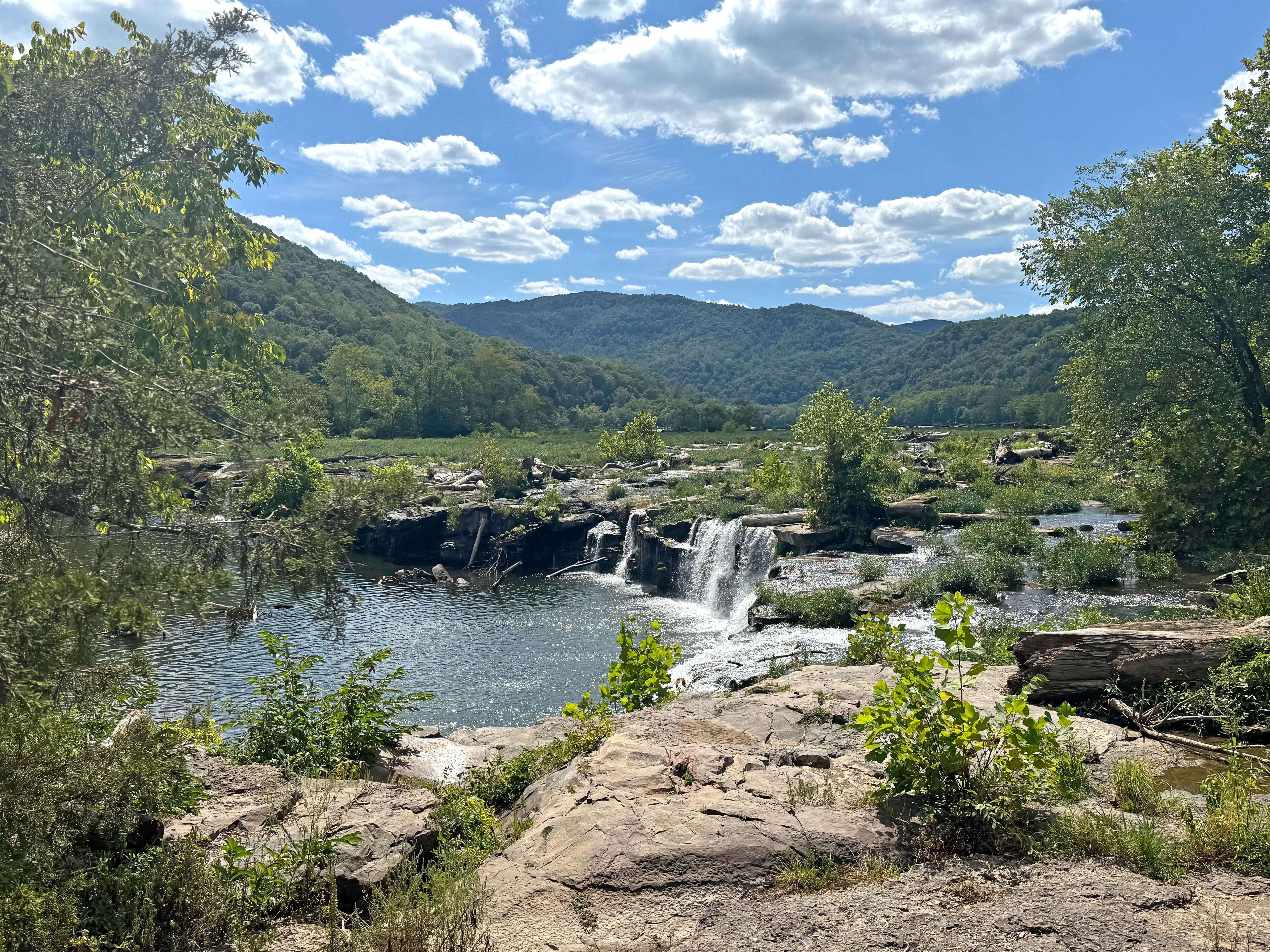 A park with a small waterfall and tree-covered mountains.